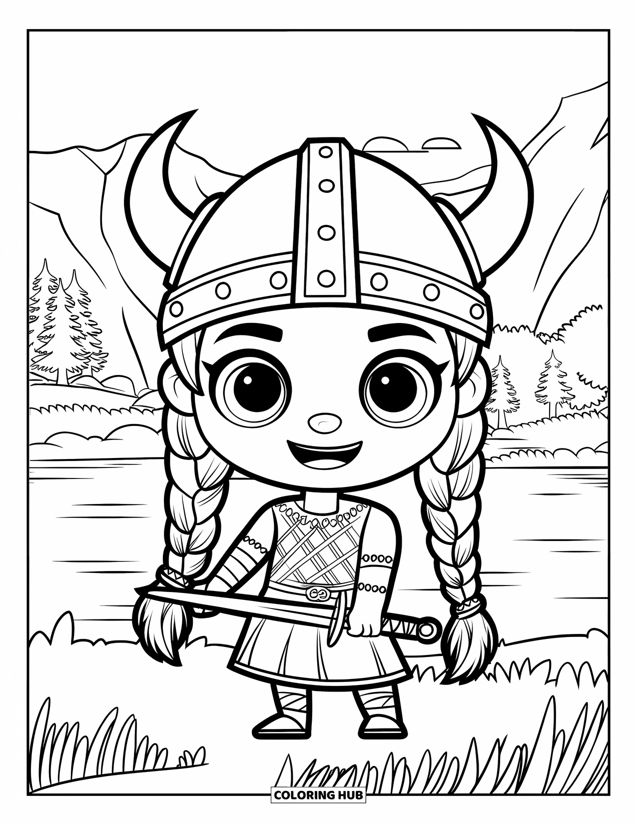 Viking Coloring Page for Kids: A Viking girl with braids stands cheerfully near trees, mountains, and a lake