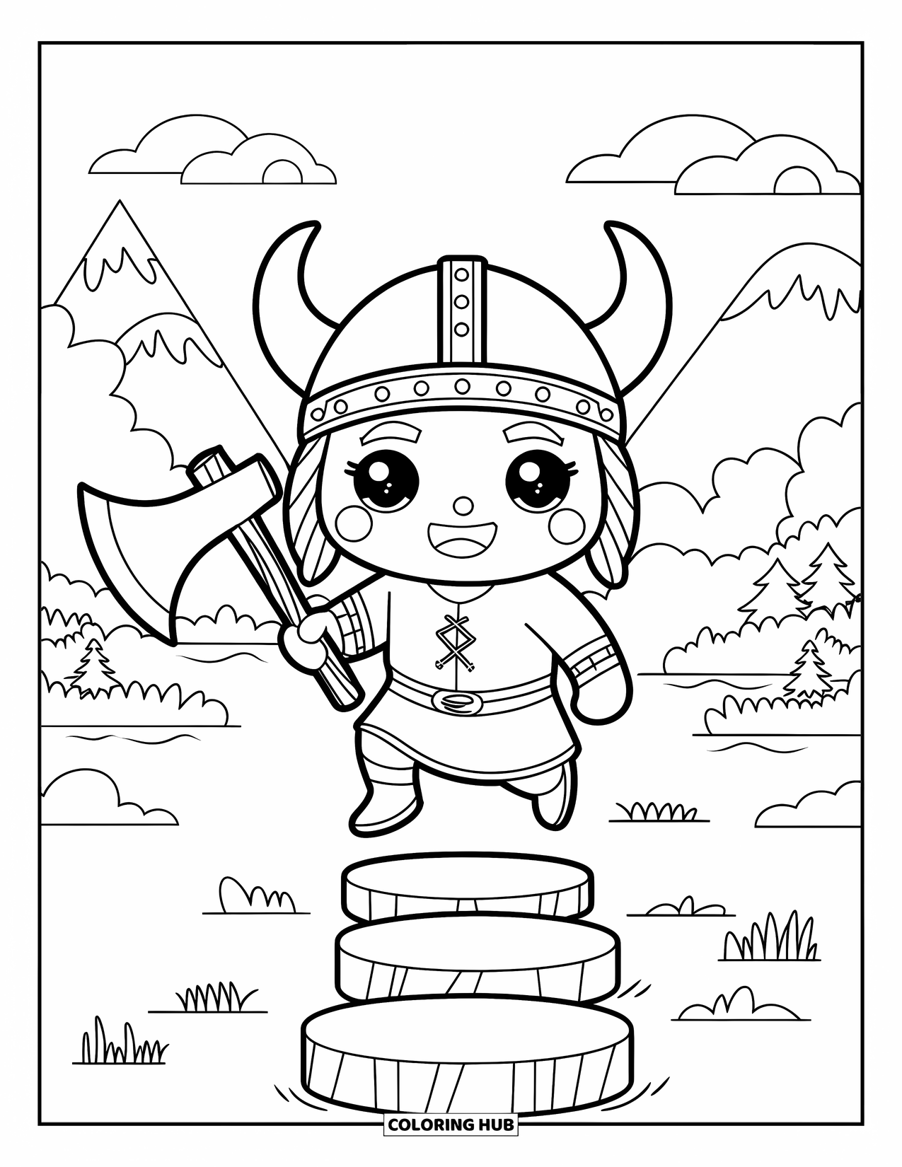 Viking Coloring Page for Kids: A Viking hops across stones holding an axe in a peaceful mountain landscape
