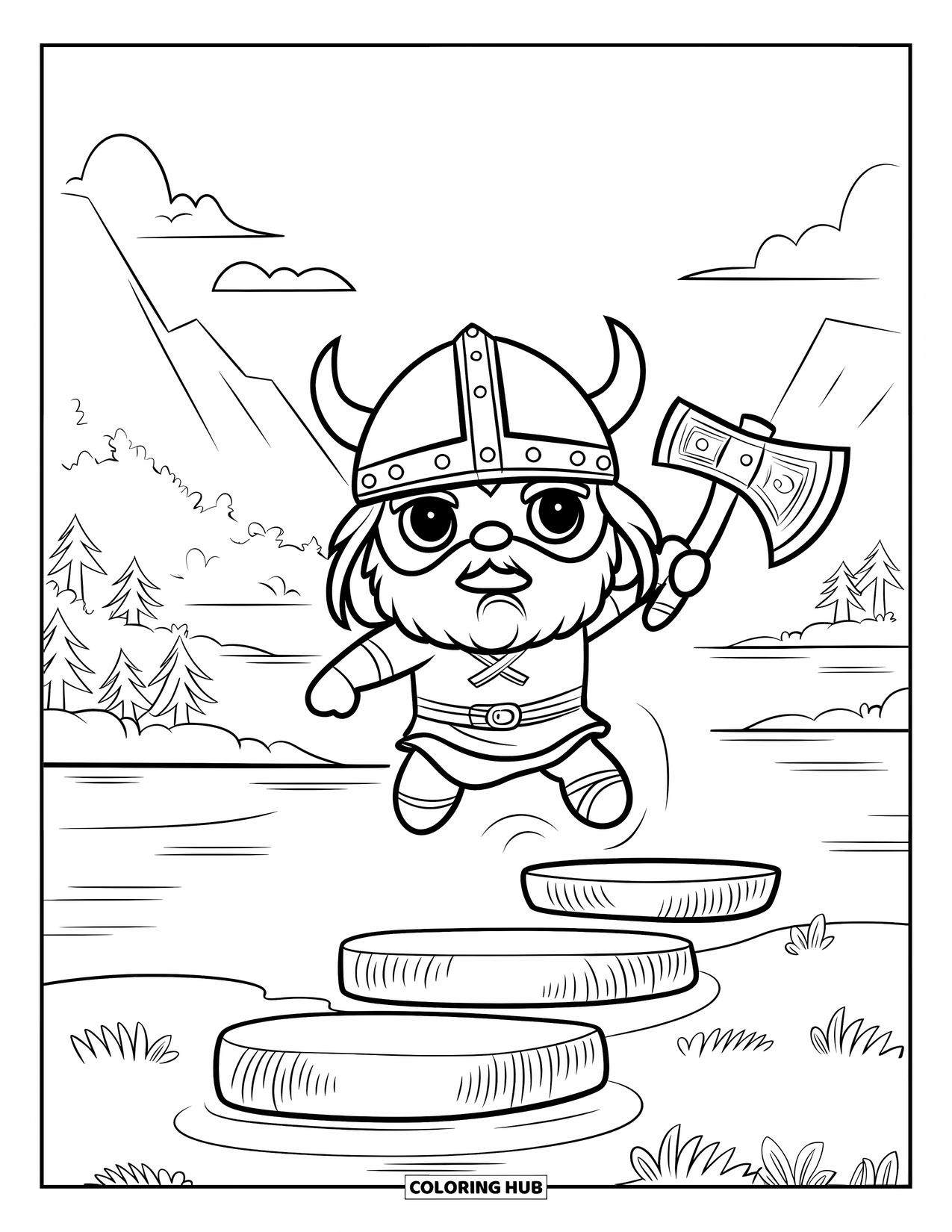 Viking Coloring Page for Kids: A Viking jumps over water with an axe, surrounded by trees and mountains