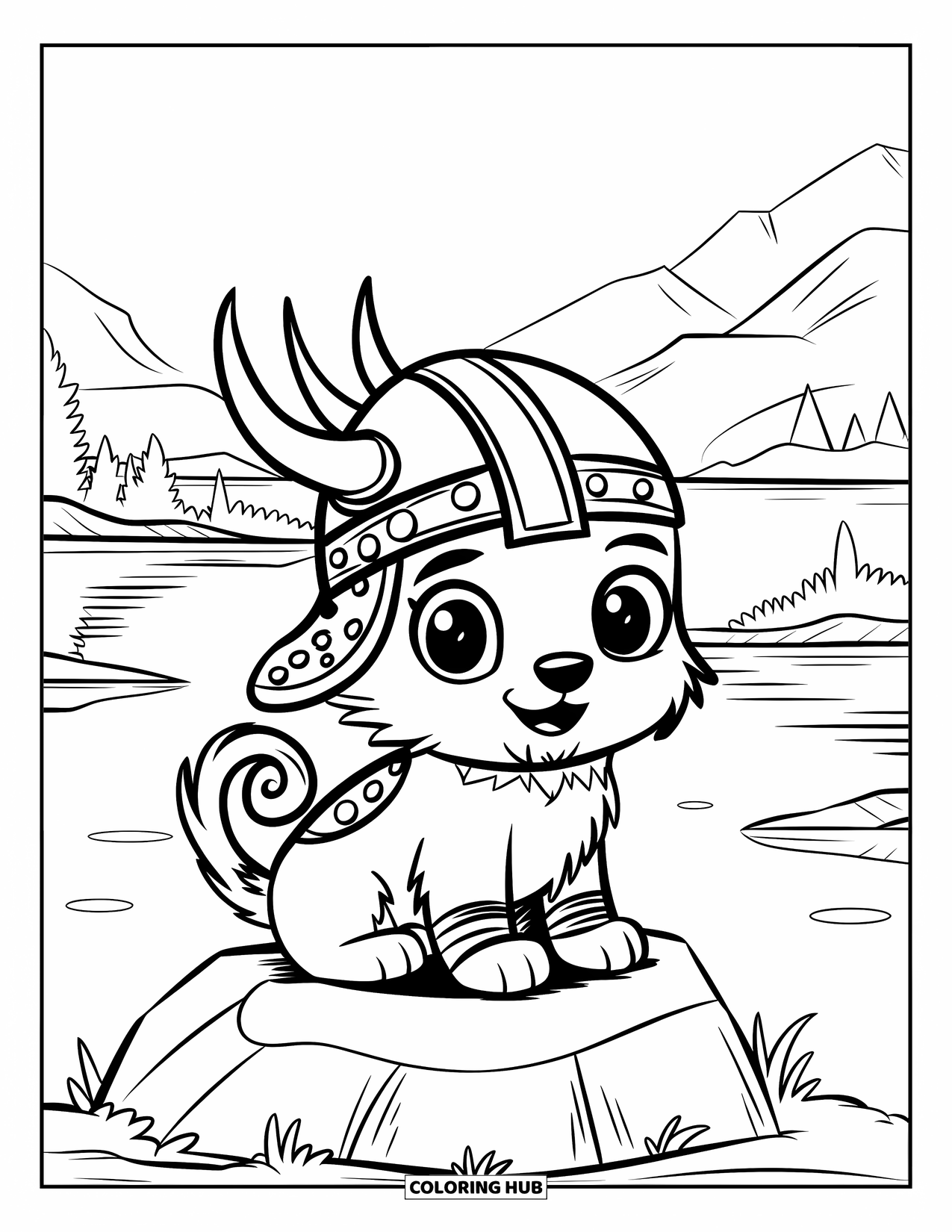 Viking Coloring Page for Kids: A Viking puppy sits on a rock near calm waters and distant mountains