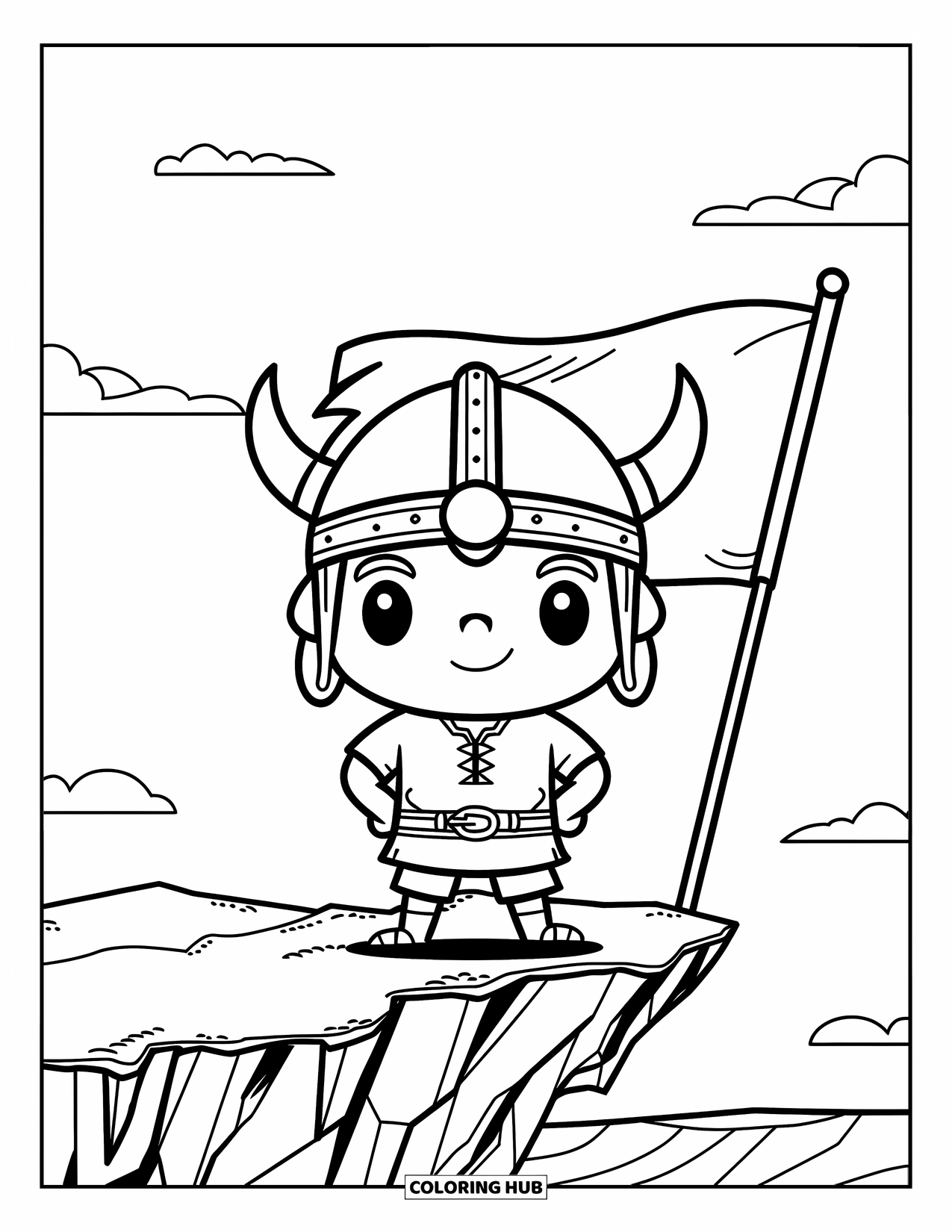 Viking Coloring Page for Kids: A Viking stands on a rocky cliff beside a flag, under a peaceful sky