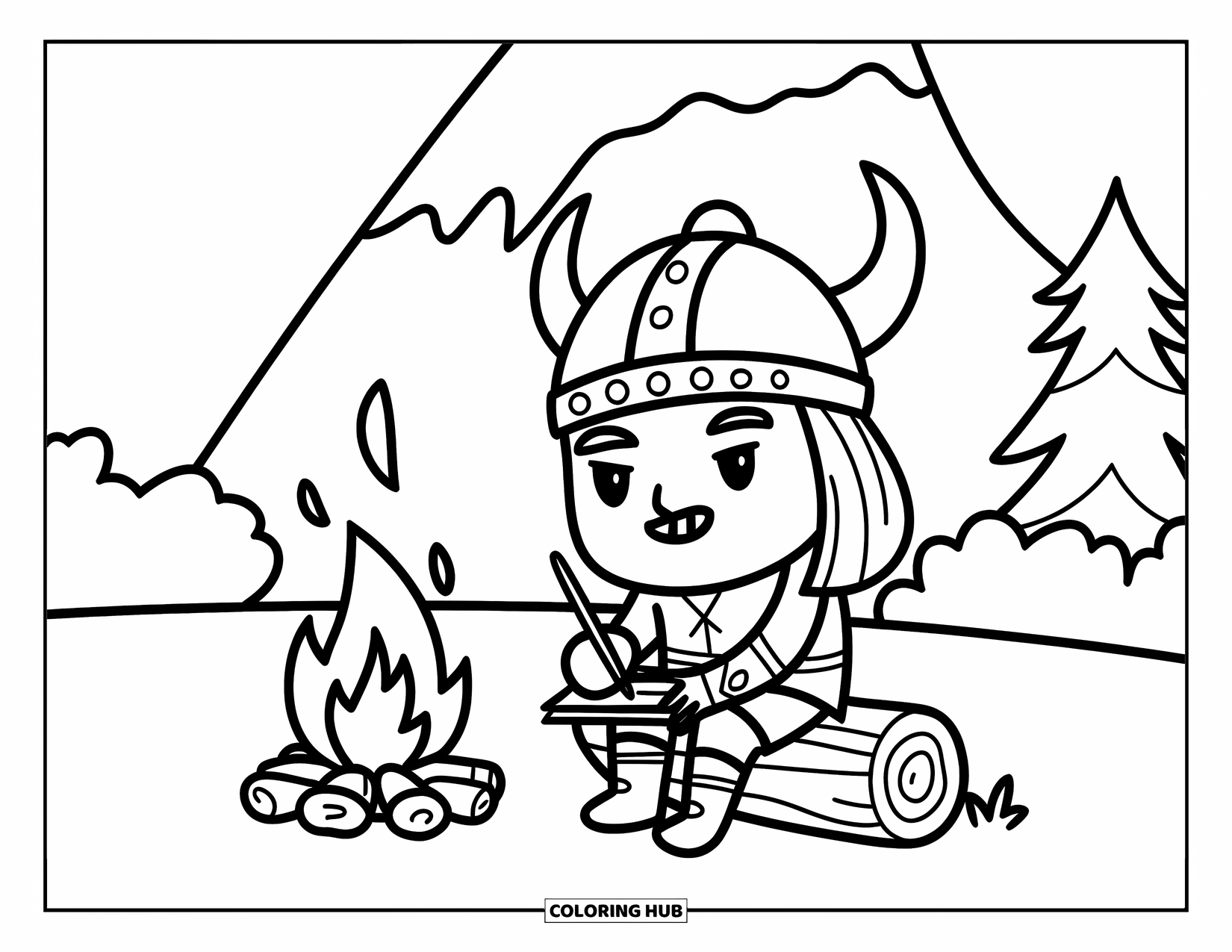 Viking Coloring Page for Kids: A Viking with a scroll writes by a campfire near trees and a tall peak