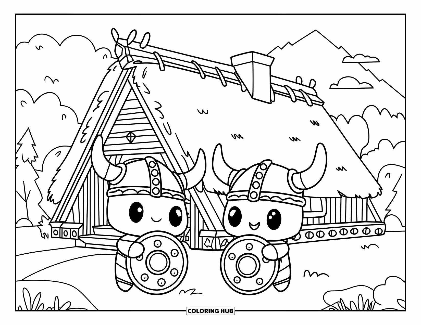 Viking Coloring Page for Kids: Two Viking kids giggle while playing outside a wooden longhouse near the mountains