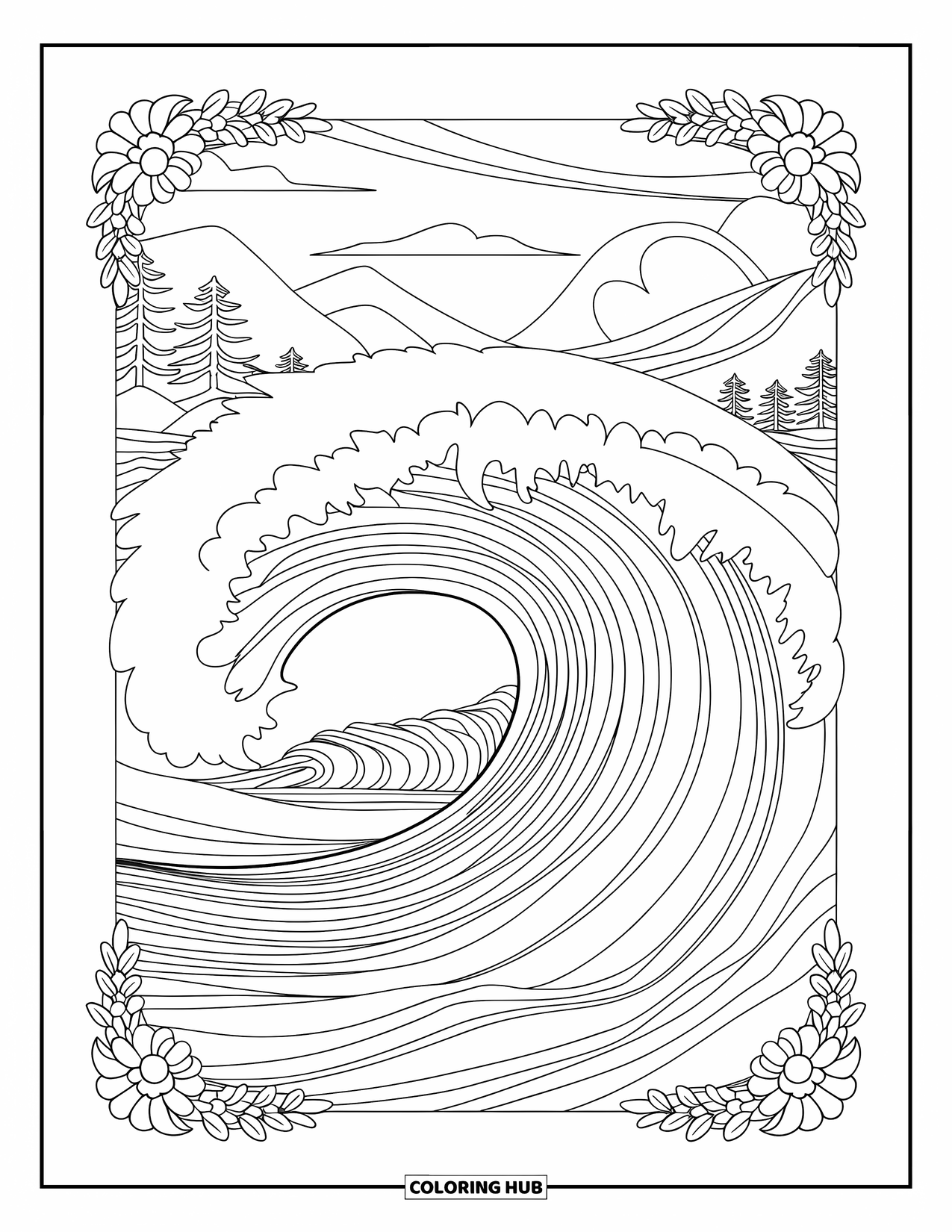 Waves Coloring Page for Adults: A big wave with flowers and mountain views creates a peaceful scene