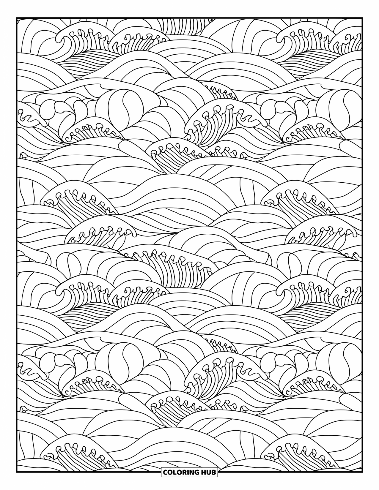 Waves Coloring Page for Adults: A repeated pattern of waves swirls in a calm, flowing rhythm