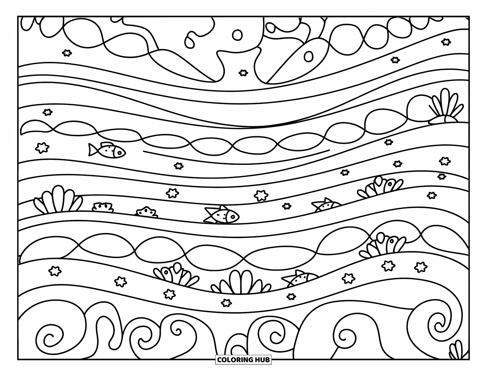 Waves Coloring Page for Adults: Bubbly waves and playful fish flow across a calm, doodle-style ocean