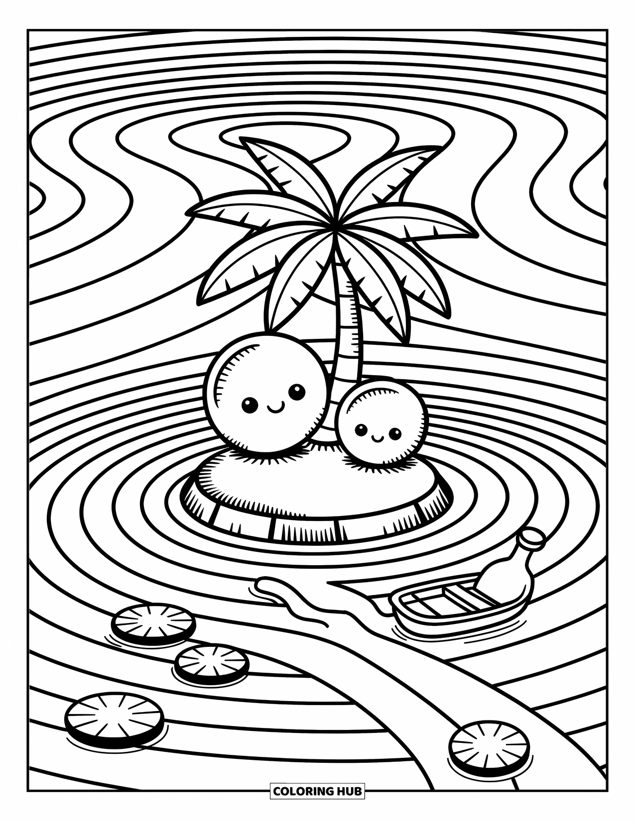 Waves Coloring Page for Adults: Cozy waves swirl around a tiny island with a paddle boat and coconuts