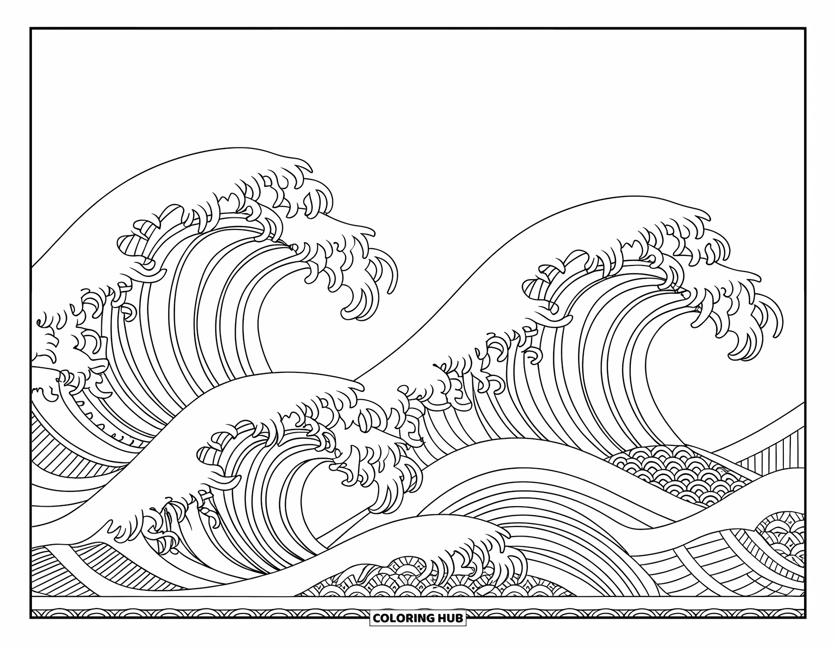 Waves Coloring Page for Adults: Cresting waves with decorative edges form a detailed pattern on a white background