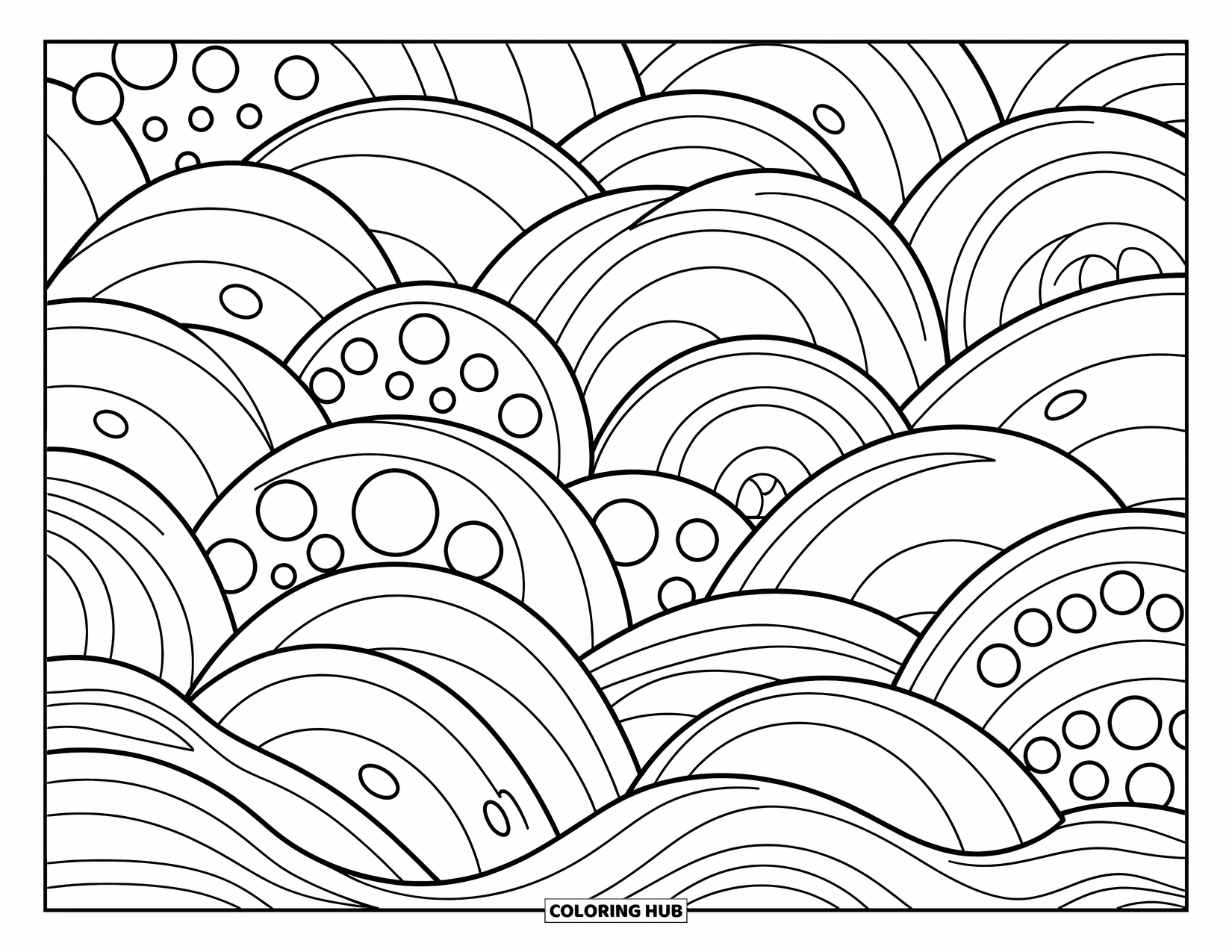 Waves Coloring Page for Adults: Curved waves and whimsical bubbles stack in a cozy, hand-drawn style
