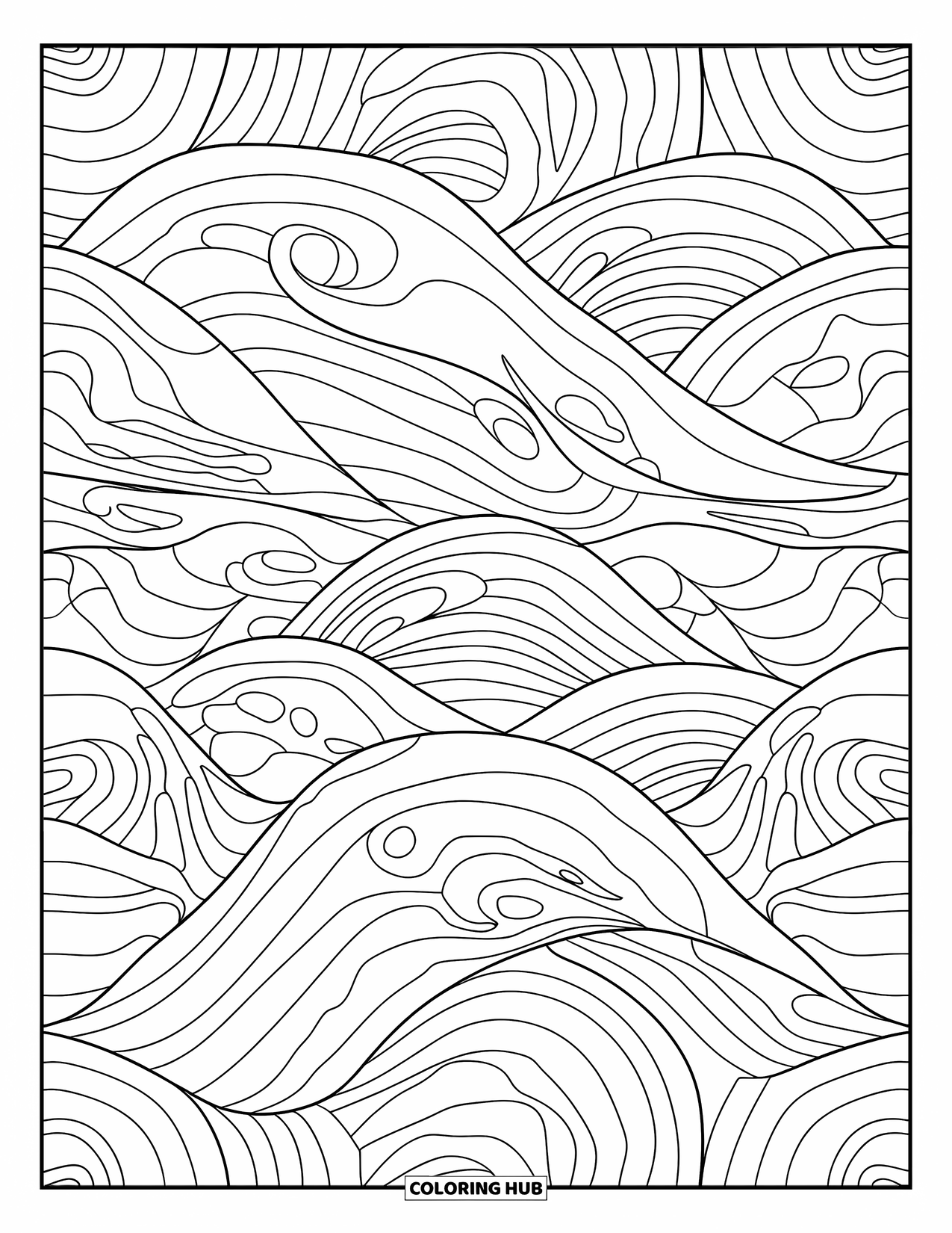Waves Coloring Page for Adults: Detailed wave segments curl in layered patterns for relaxing coloring