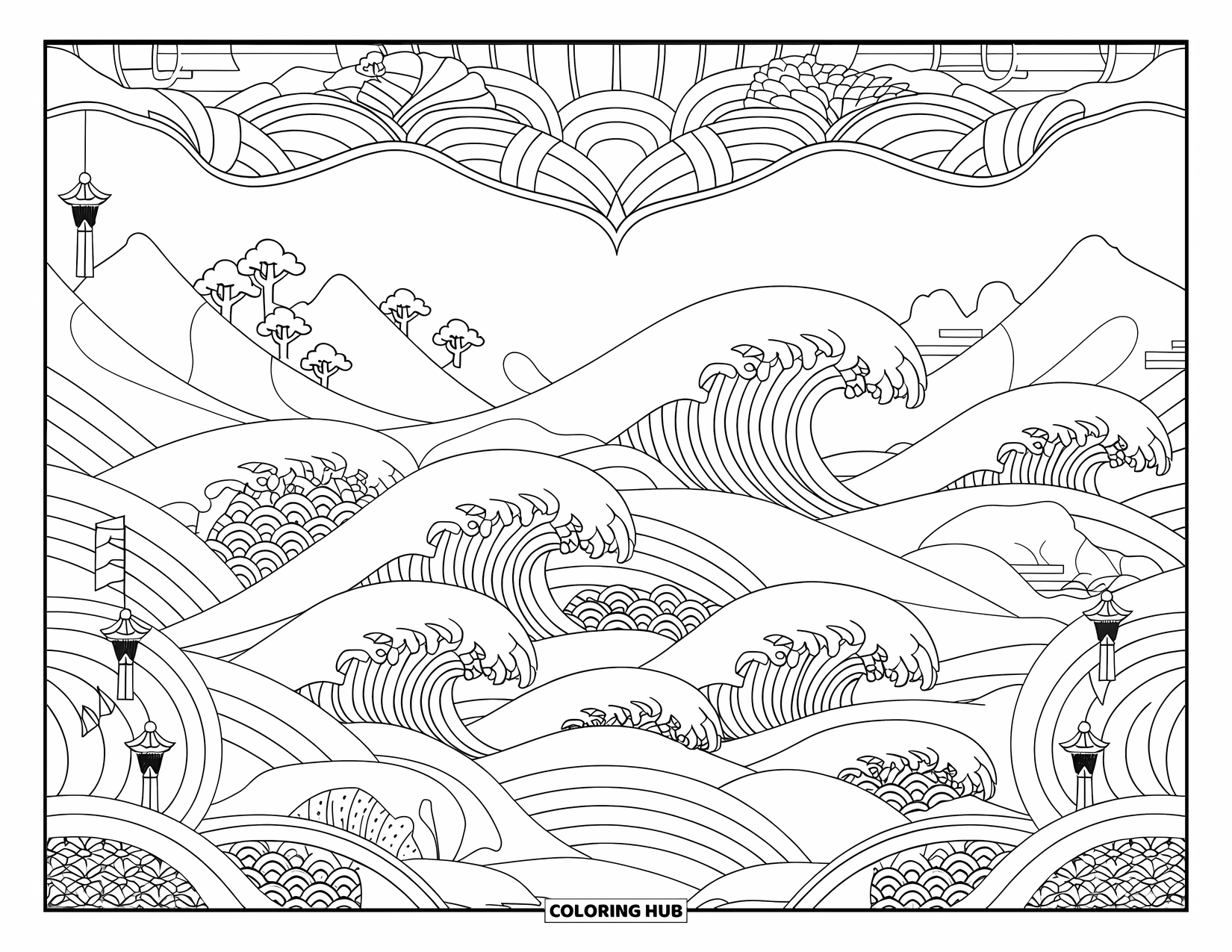 Waves Coloring Page for Adults: Japanese-style waves curl beside mountains, trees, and a peaceful bridge
