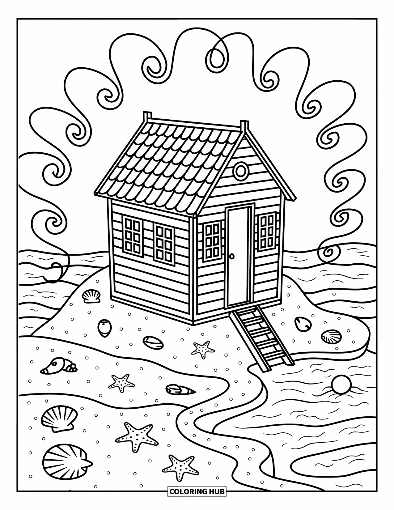 Waves Coloring Page for Adults: Looping waves frame a beach hut with shells, starfish, and floating buoys