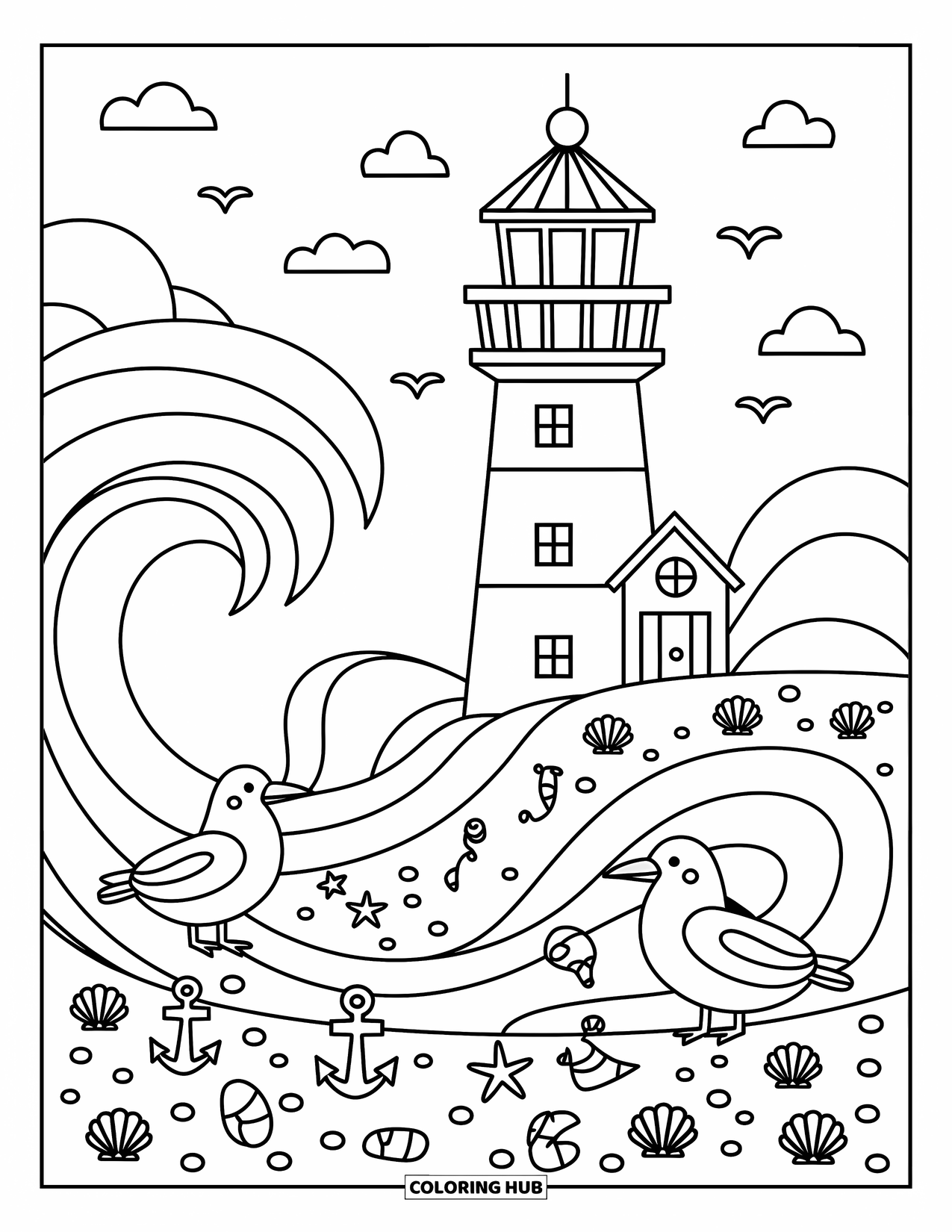 Waves Coloring Page for Adults: Mirrored waves cradle a lighthouse among pebbles and tiny sea critters