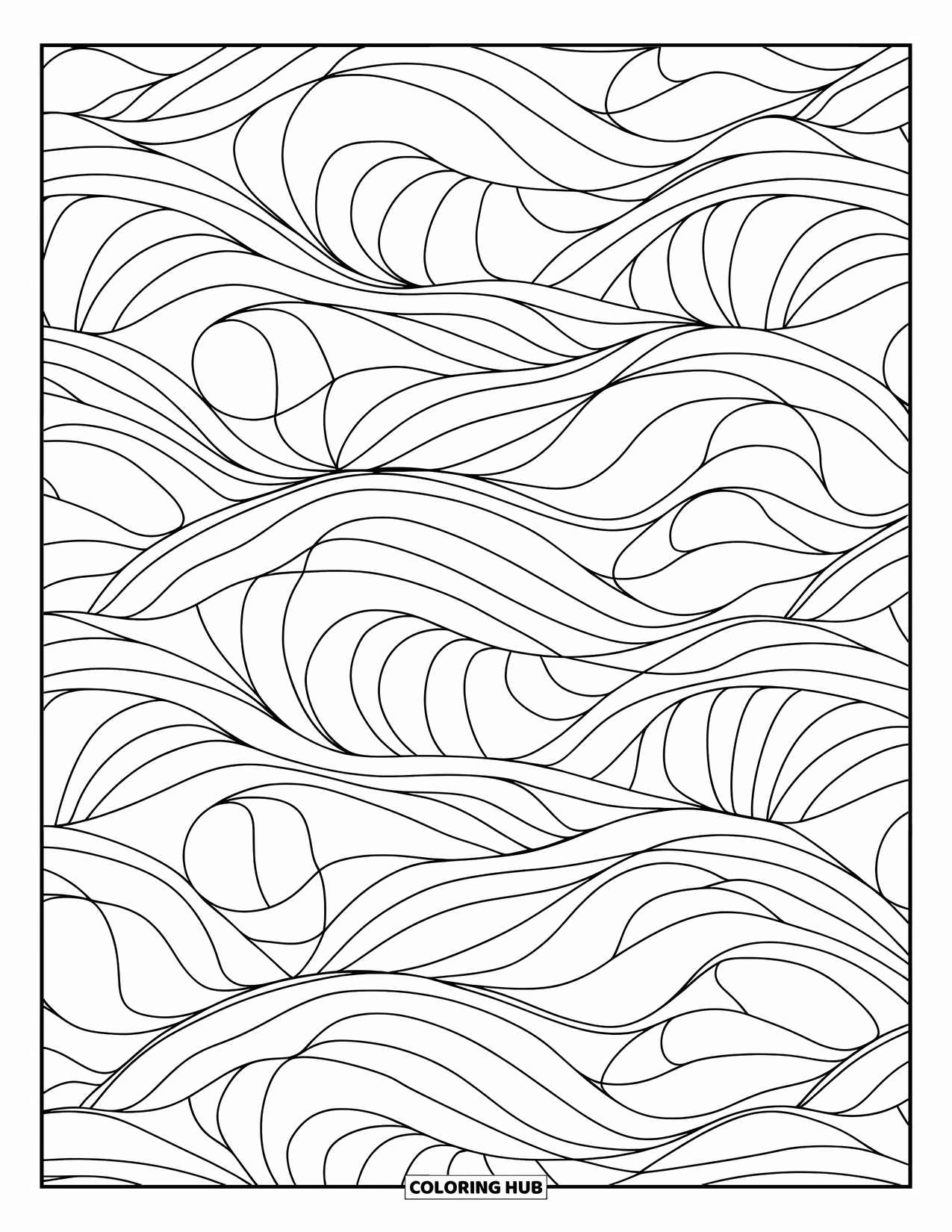 Waves Coloring Page for Adults: Overlapping waves swirl with thin, intricate lines in each segment