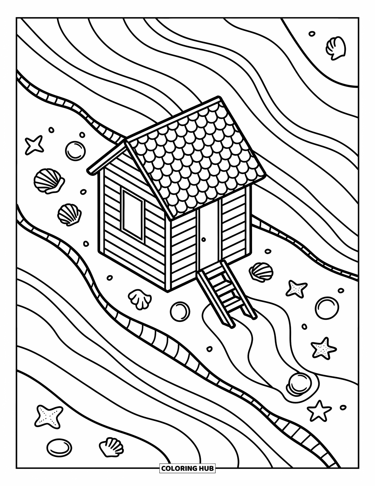 Waves Coloring Page for Adults: Scalloped roof beach hut sits near a tide pool, wrapped in soft wave curls