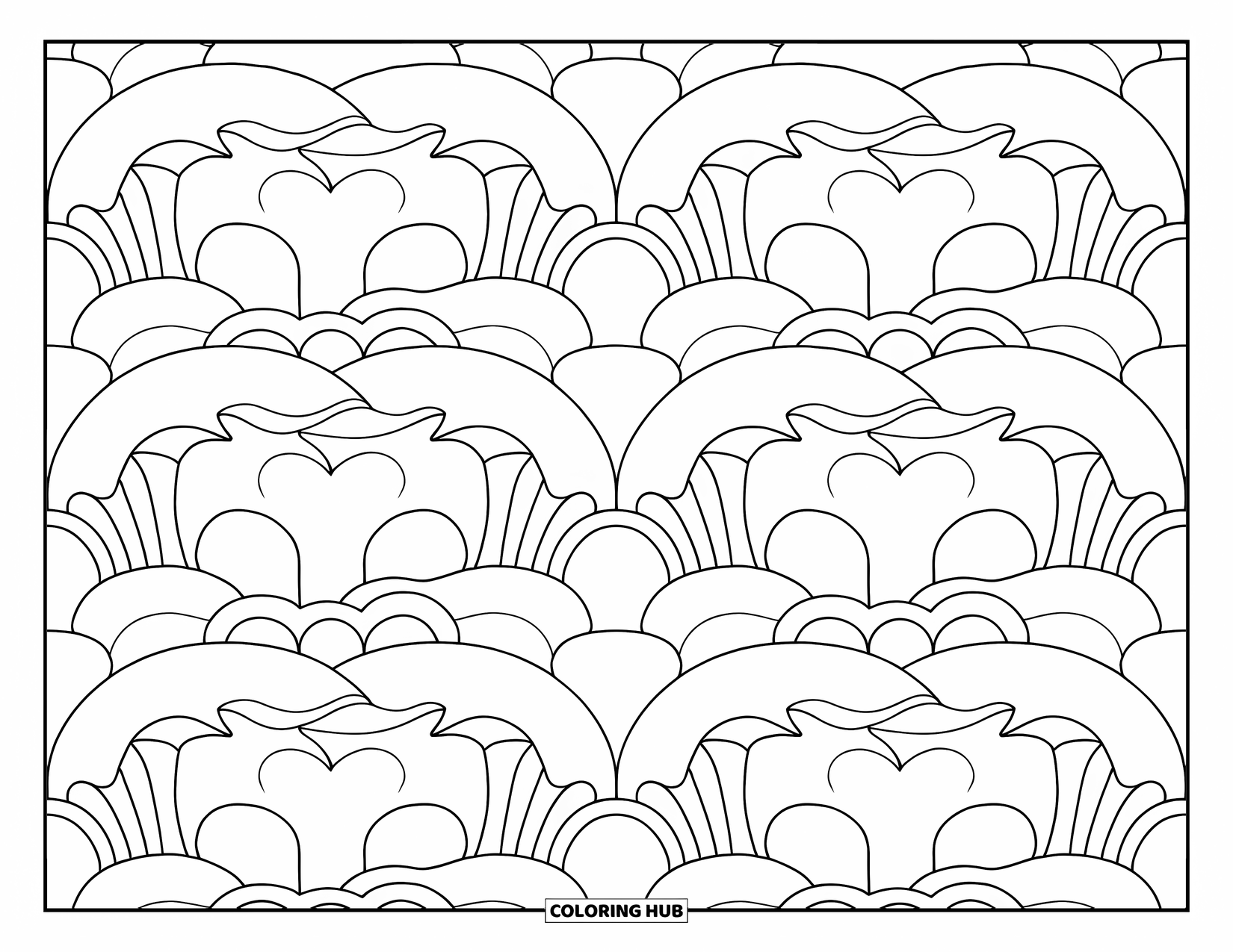 Waves Coloring Page for Adults: Waves flow in rows with scalloped edges and bold outlines