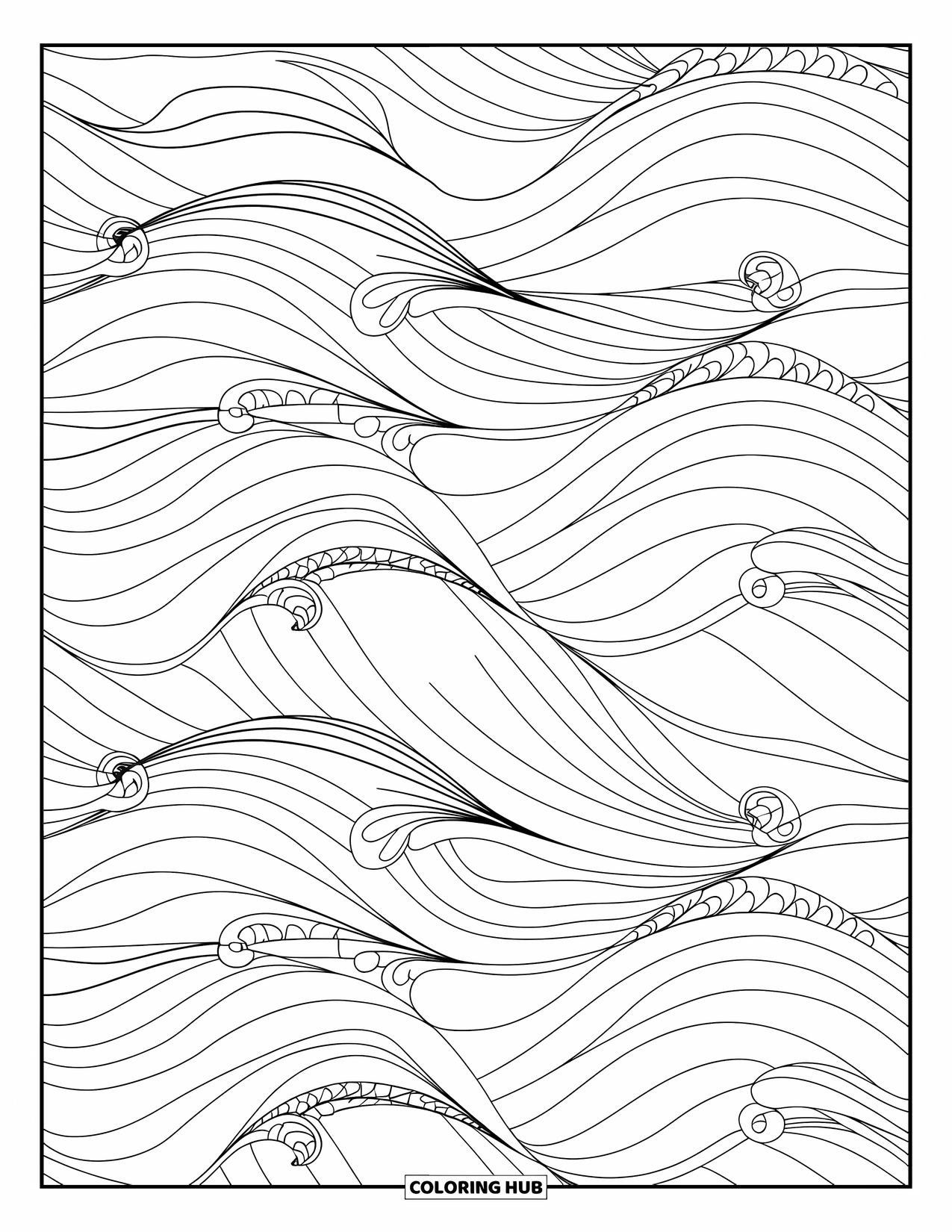 Waves Coloring Page for Adults: Waves overlap in intricate rows with soft, swirling textures