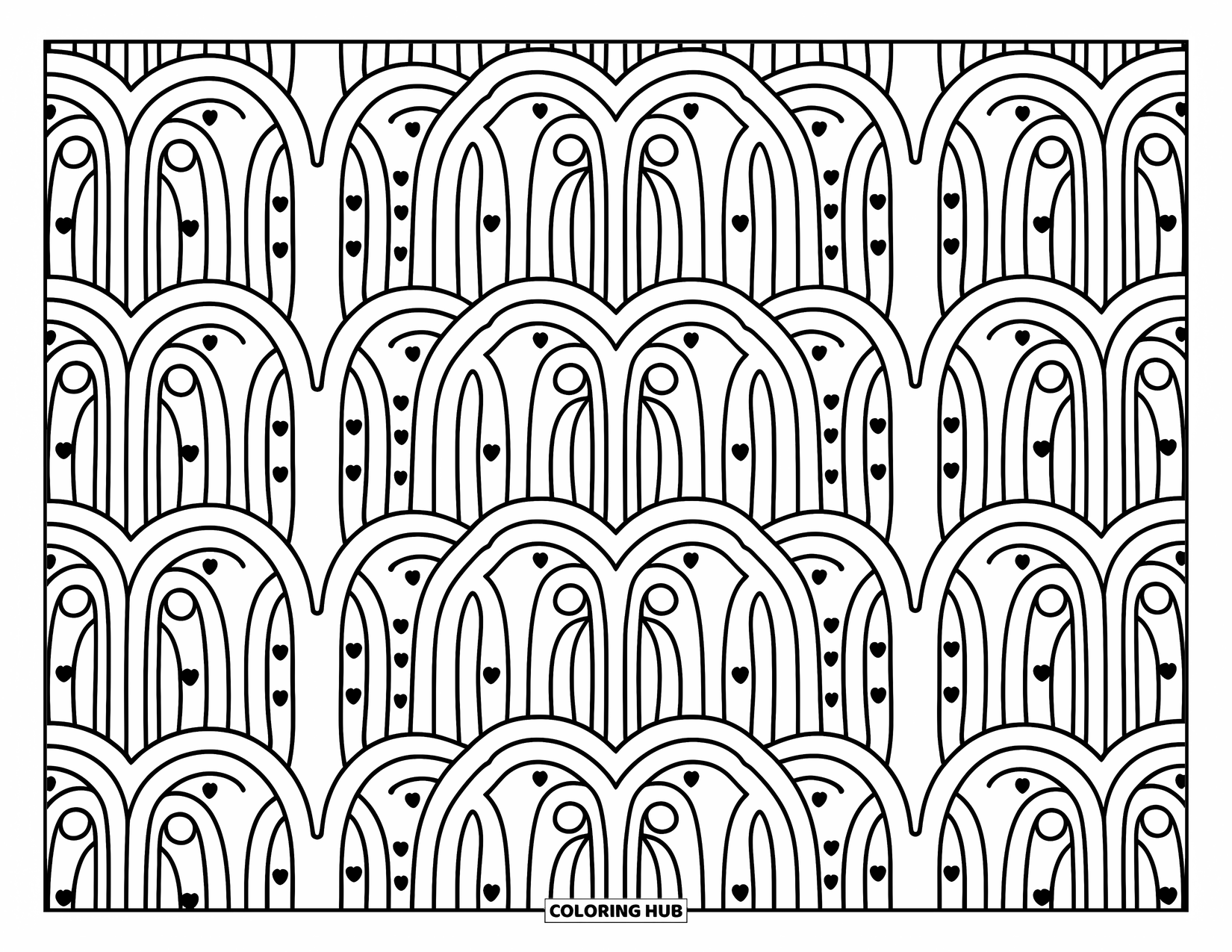 Waves Coloring Page for Adults: Wavy arches and mini hearts swirl together in a cheerful ocean rhythm