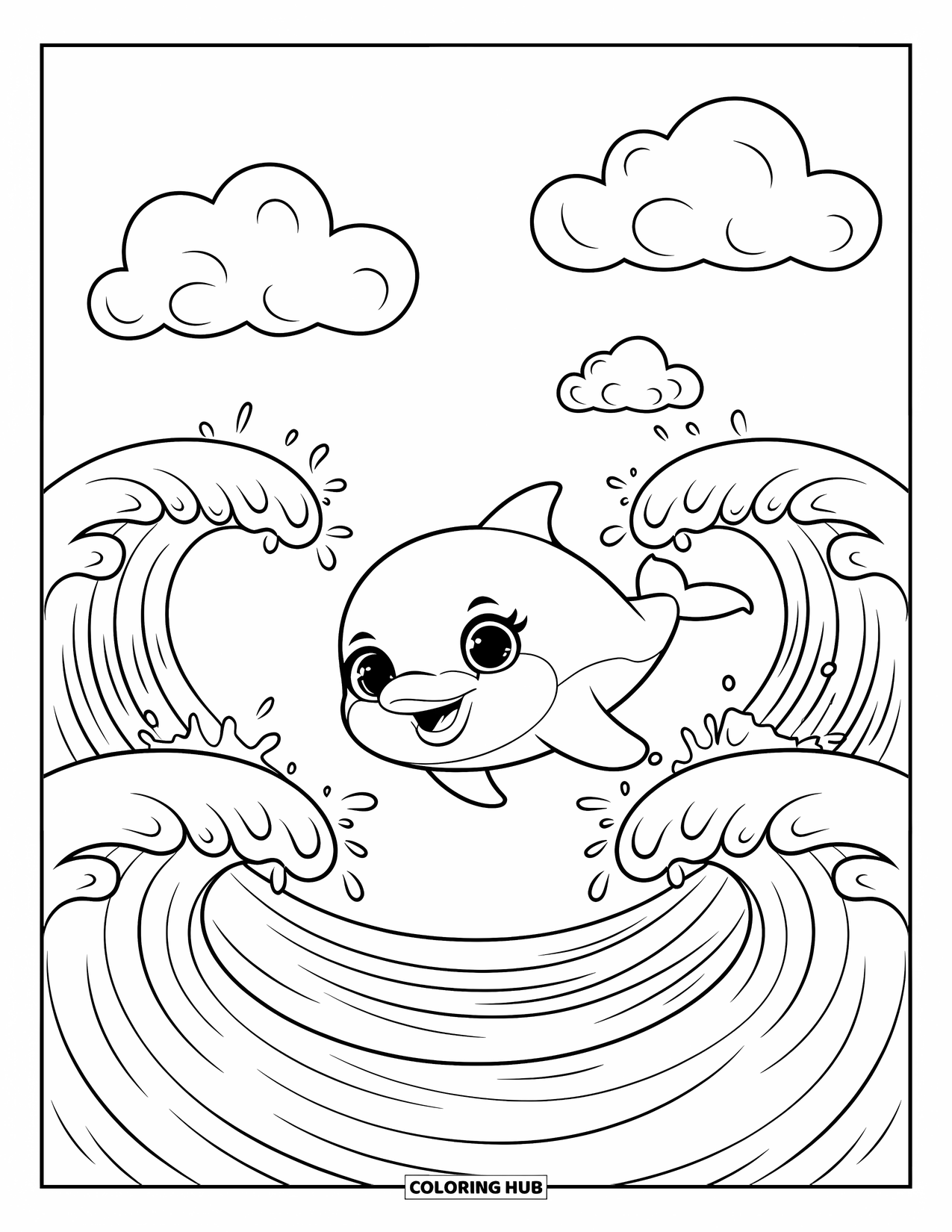 Waves Coloring Page for Kids: A cheerful dolphin leaps from wave to wave with clouds floating overhead