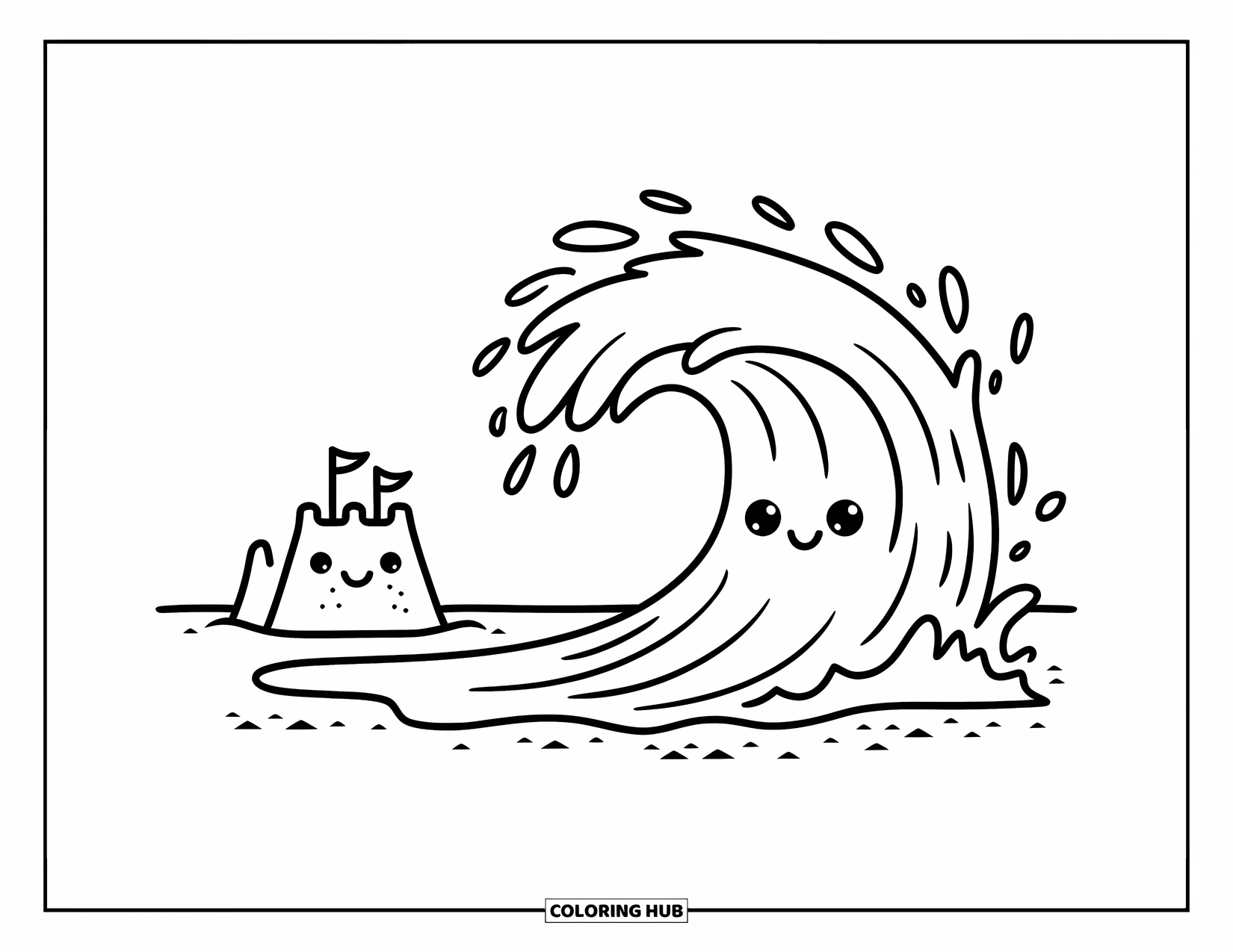 Waves Coloring Page for Kids: A cheerful wave splashes near a sandcastle with flags and sunny skies