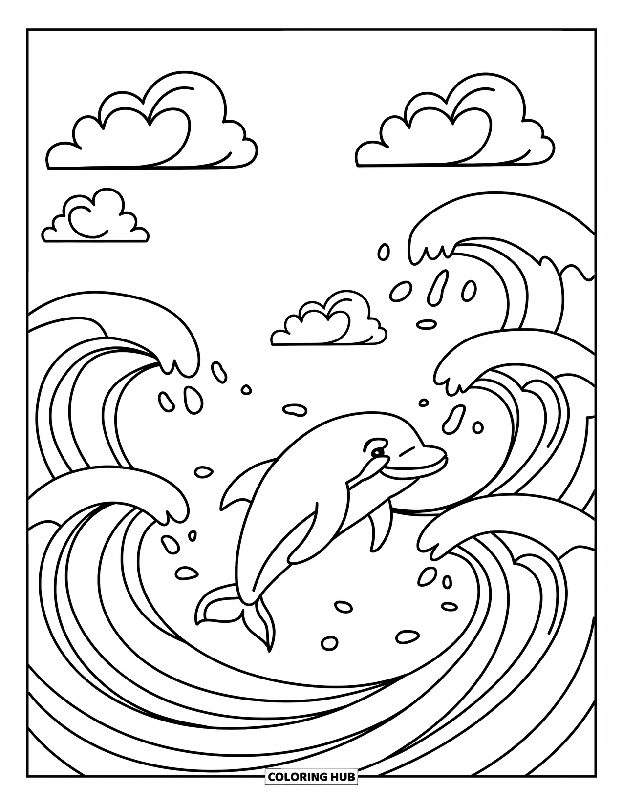 Waves Coloring Page for Kids: A dolphin leaps between two waves with splashes and clouds above