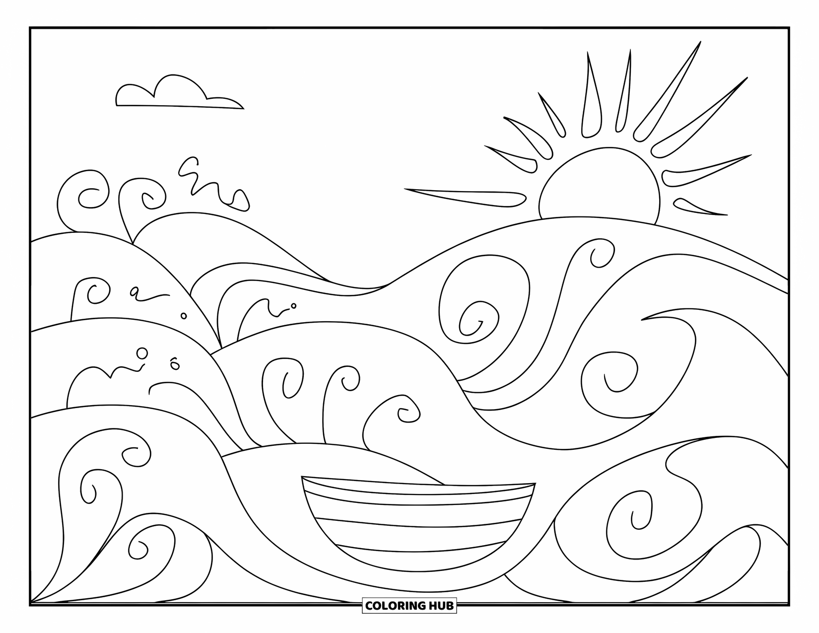 Waves Coloring Page for Kids: A happy little boat floats near big waves and a shining sun