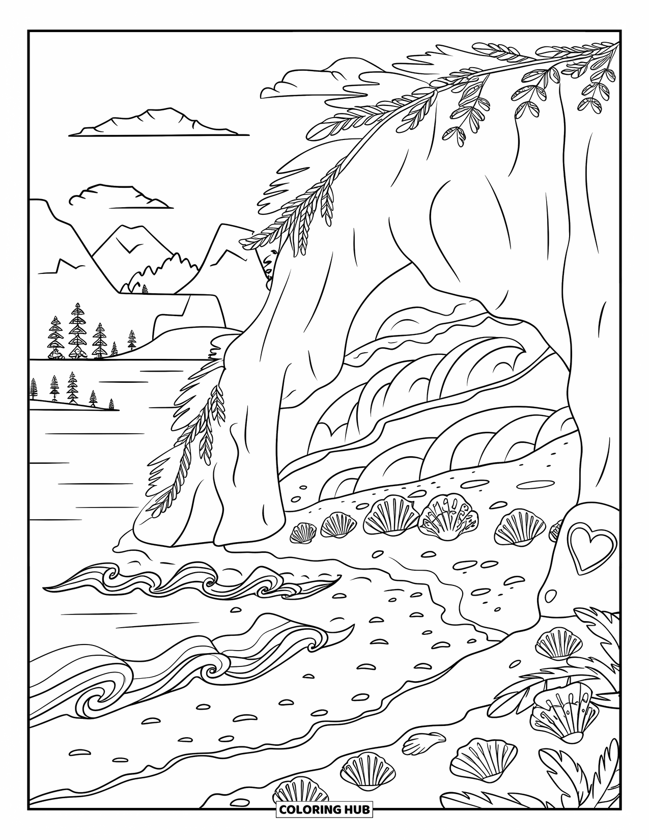 Waves Coloring Page for Kids: A heart-shaped stone rests near a coastal cave and gentle mountain view