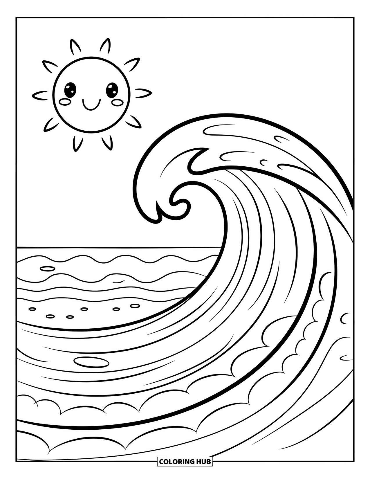 Waves Coloring Page for Kids: A large wave curls near the beach as a cheerful sun smiles down
