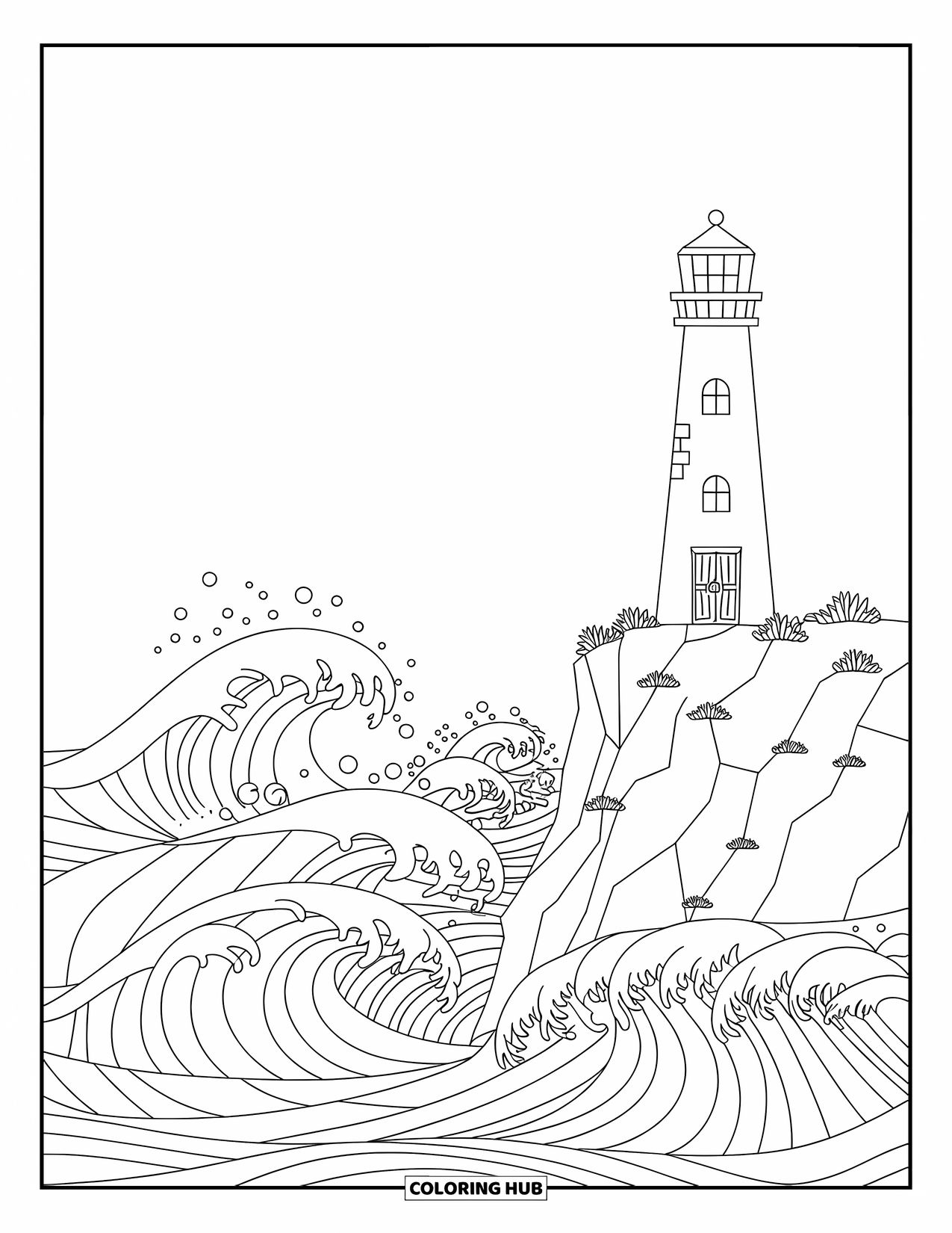Waves Coloring Page for Kids: A lighthouse sits on a cliff edge as waves crash below