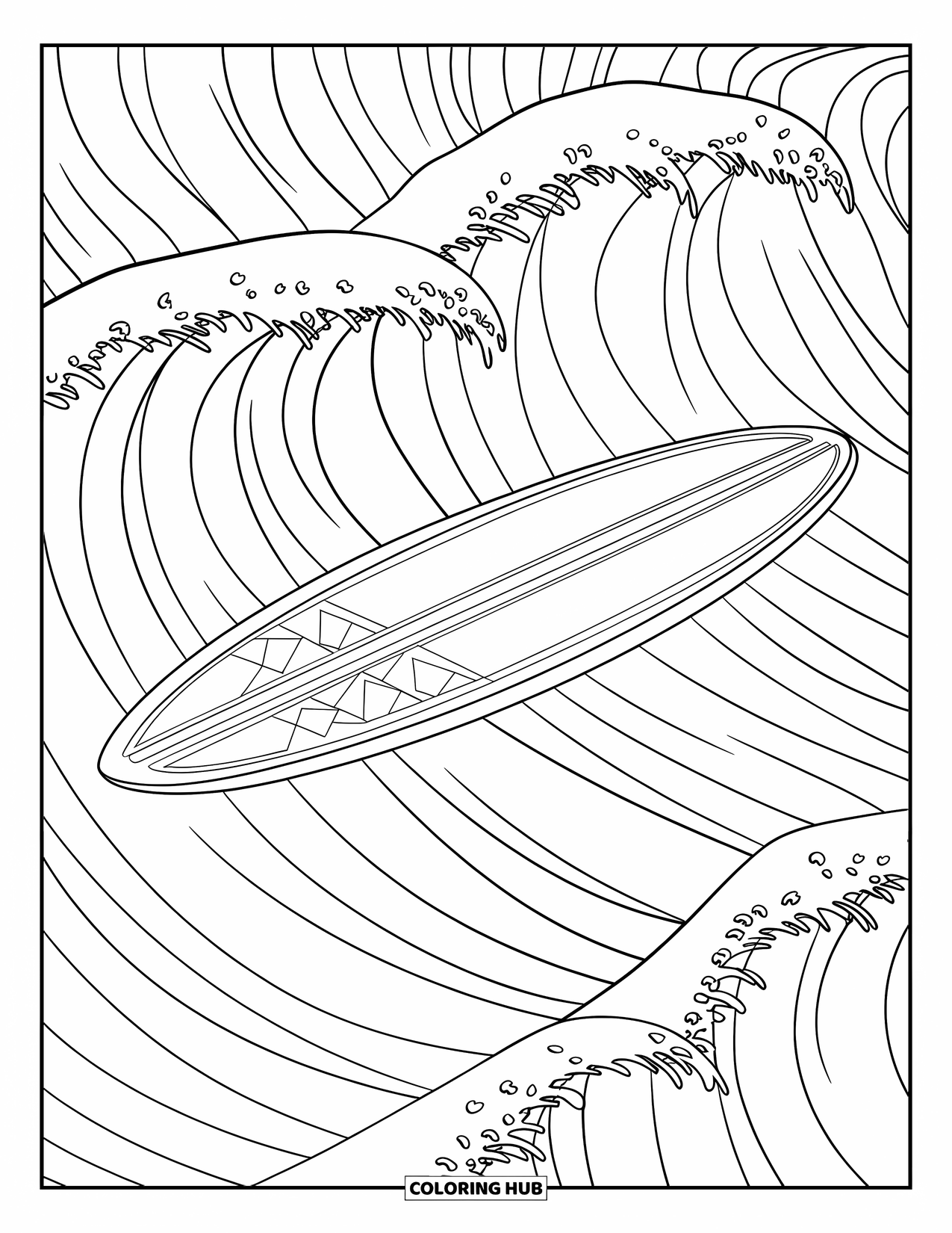Waves Coloring Page for Kids: A longboard floats calmly between gentle ocean wave crests