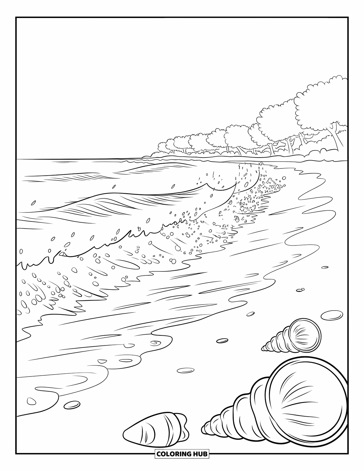 Waves Coloring Page for Kids: A peaceful beach scene with soft waves and scattered seashells