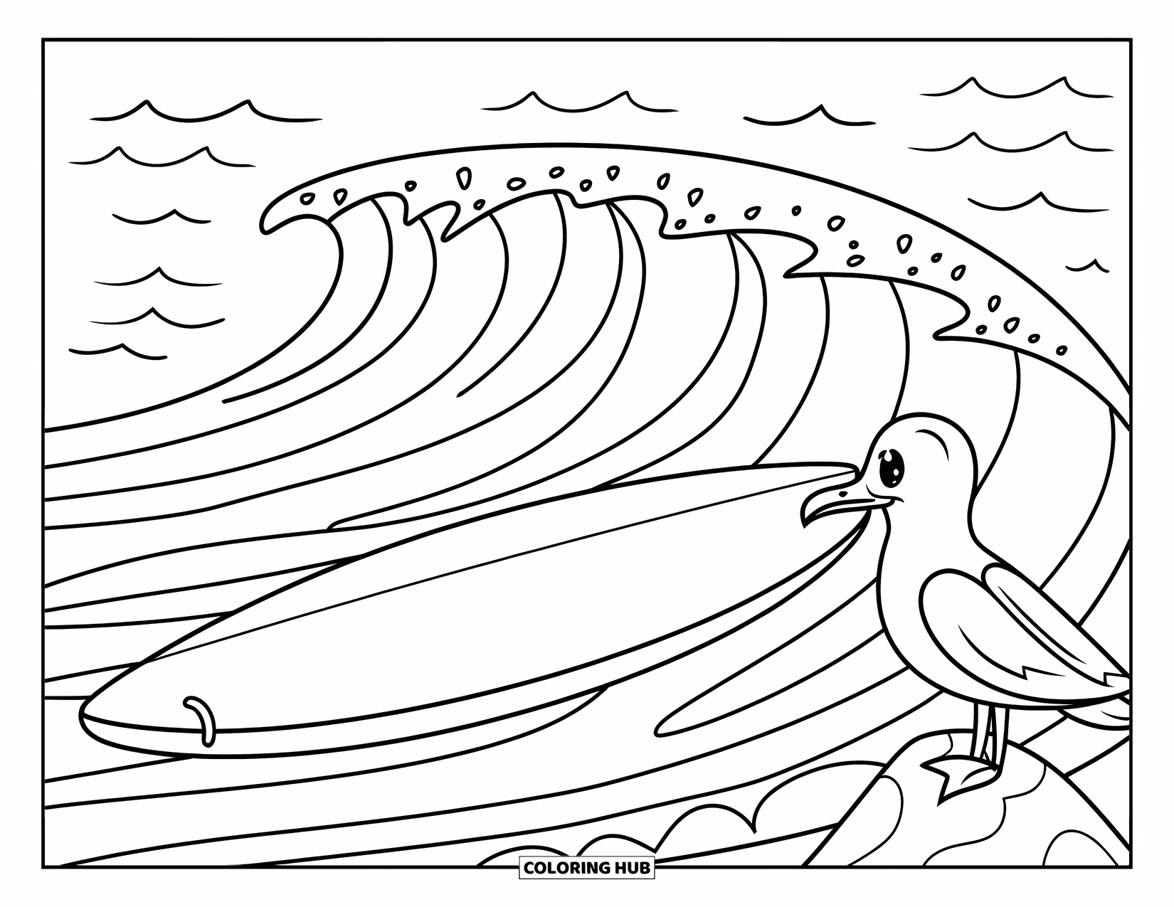 Waves Coloring Page for Kids: A quiet ocean view with waves, a surfboard, and a perched seagull