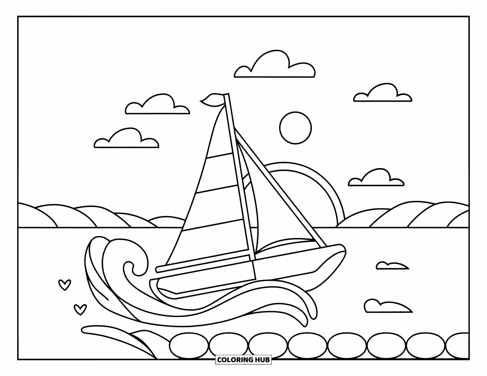 Waves Coloring Page for Kids: A sailboat sails with a sunset backdrop and shoreline in the distance