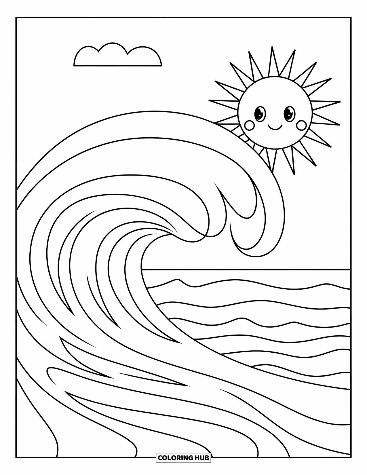 Waves Coloring Page for Kids: A single wave curls beside a beach under a smiling sun