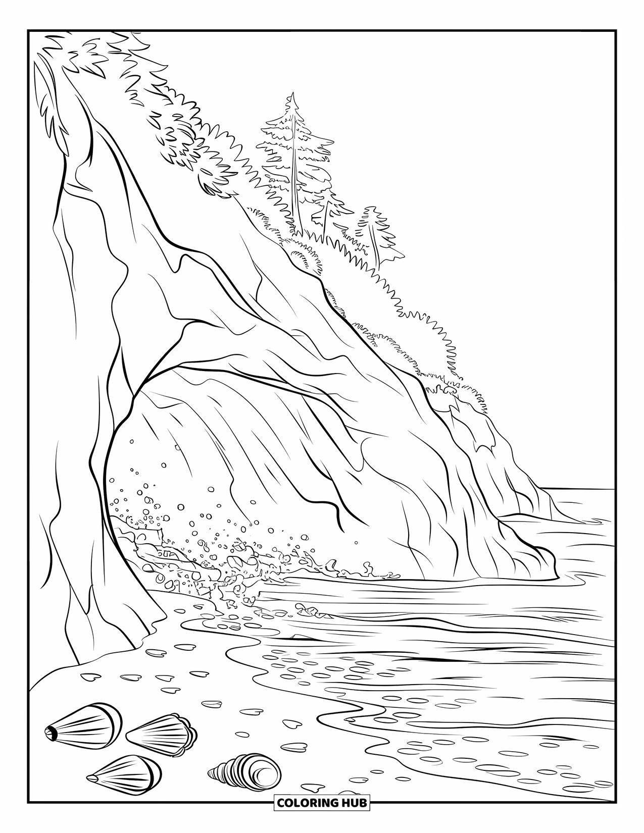 Waves Coloring Page for Kids: A small cave opens to crashing waves and scattered shells on shore