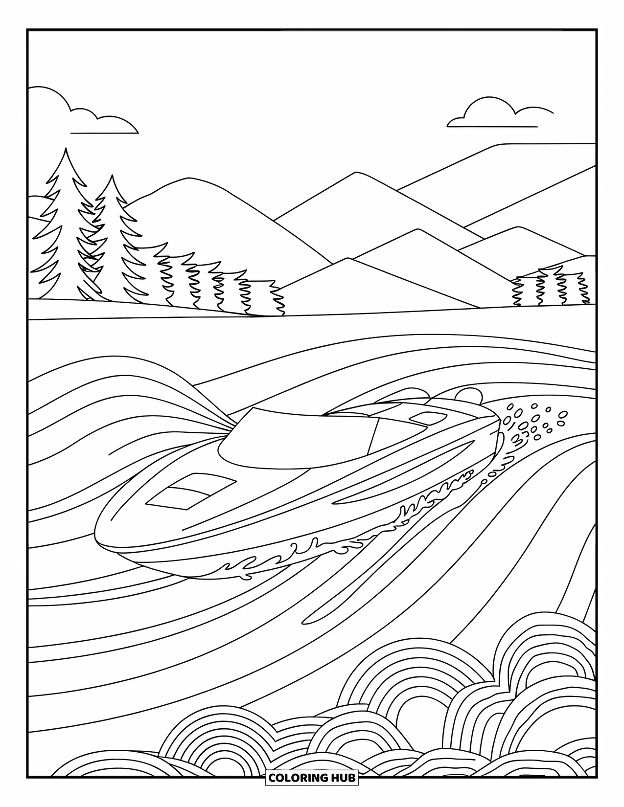 Waves Coloring Page for Kids: A speedboat glides across layered waves under a clear mountain sky