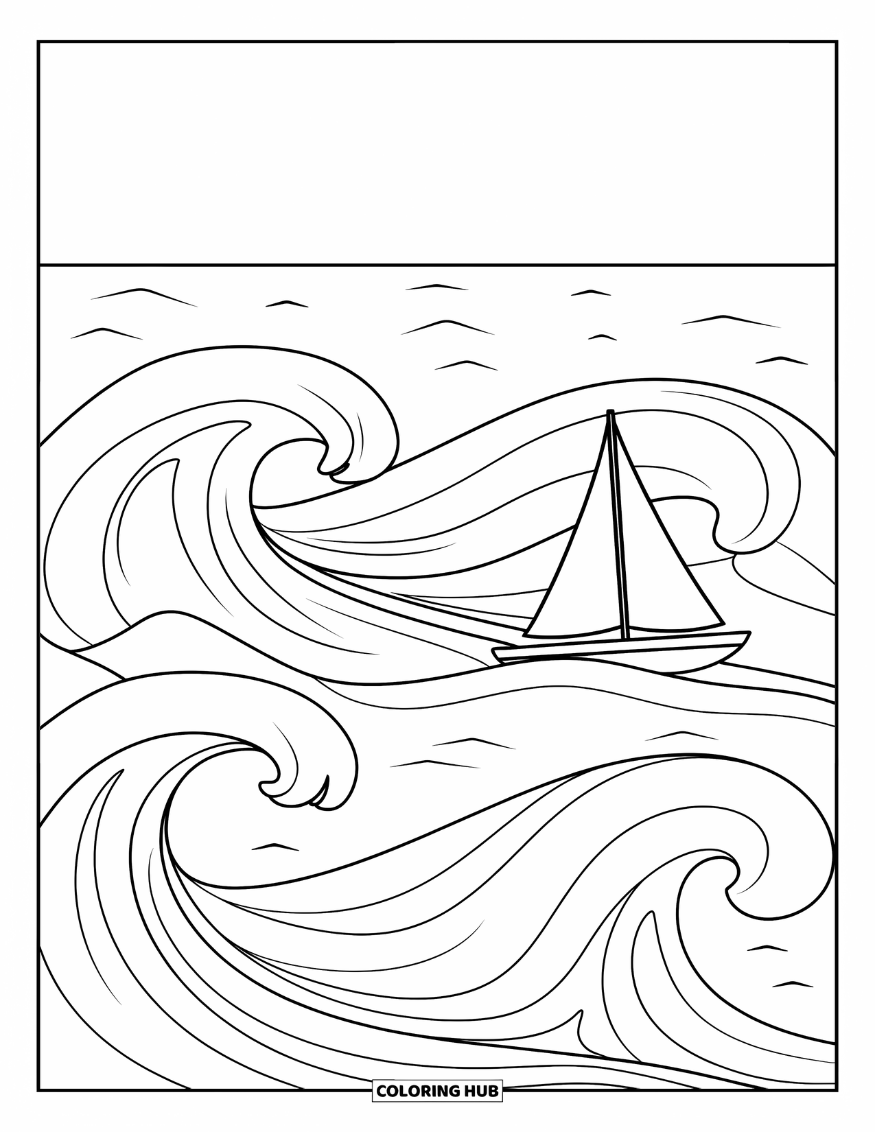 Waves Coloring Page for Kids: A triangular-sailed boat rides bold ocean waves on a calm sea