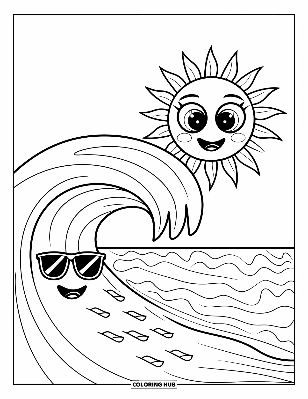 Waves Coloring Page for Kids: A wave in shades curls near a beach while the sun beams overhead