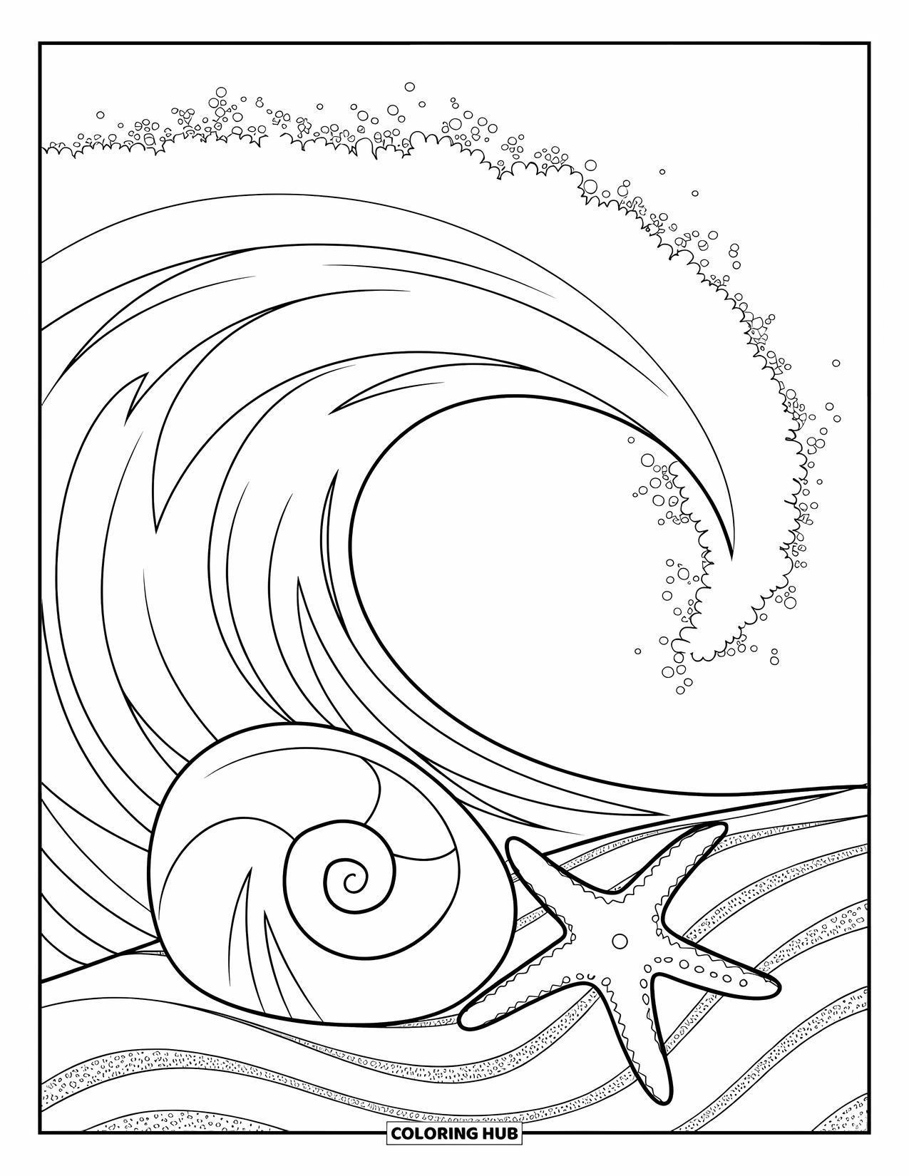 Waves Coloring Page for Kids: A wave, seashell, and starfish decorate a calm, textured beach