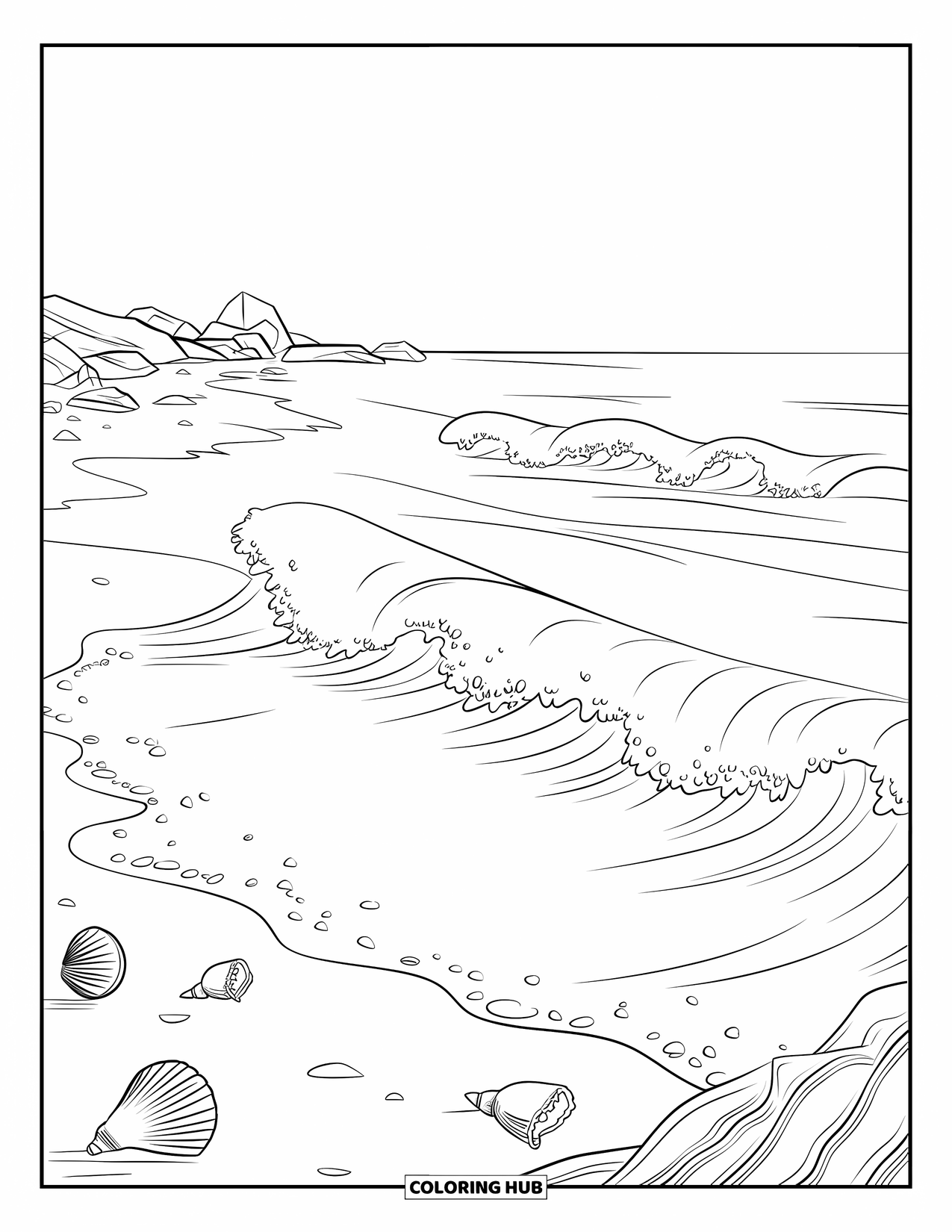 Waves Coloring Page for Kids: Foamy waves roll in as seashells rest along the quiet shoreline