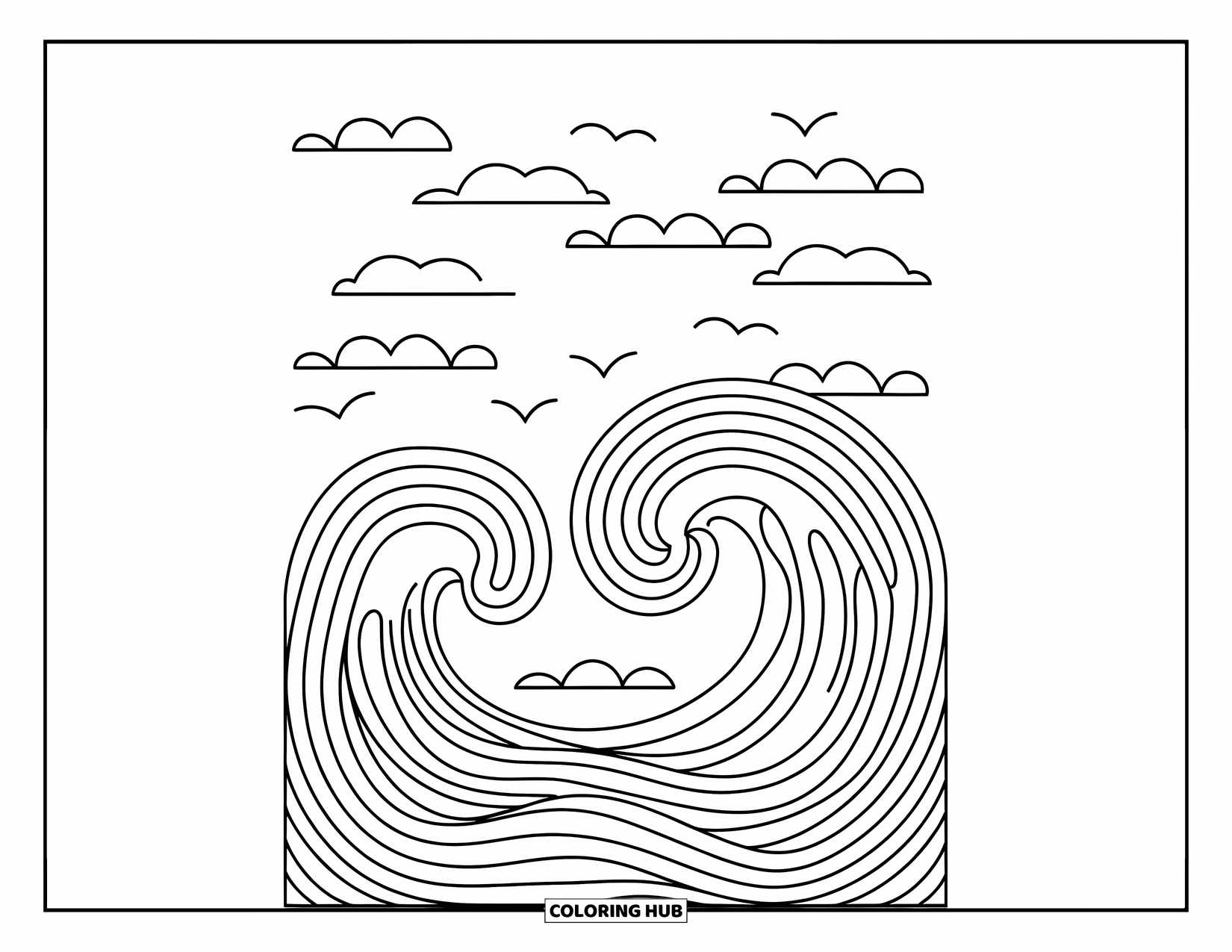 Waves Coloring Page for Kids: Spiral waves rise beneath clouds and birds in a playful ocean design