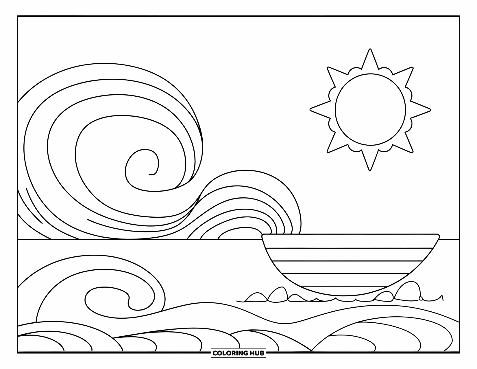 Waves Coloring Page for Kids: Swirling waves rise beside a boat under a sunny sky