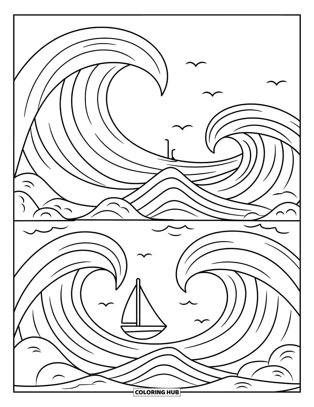 Waves Coloring Page for Kids: Three bold waves lift a sailboat on a peaceful sea