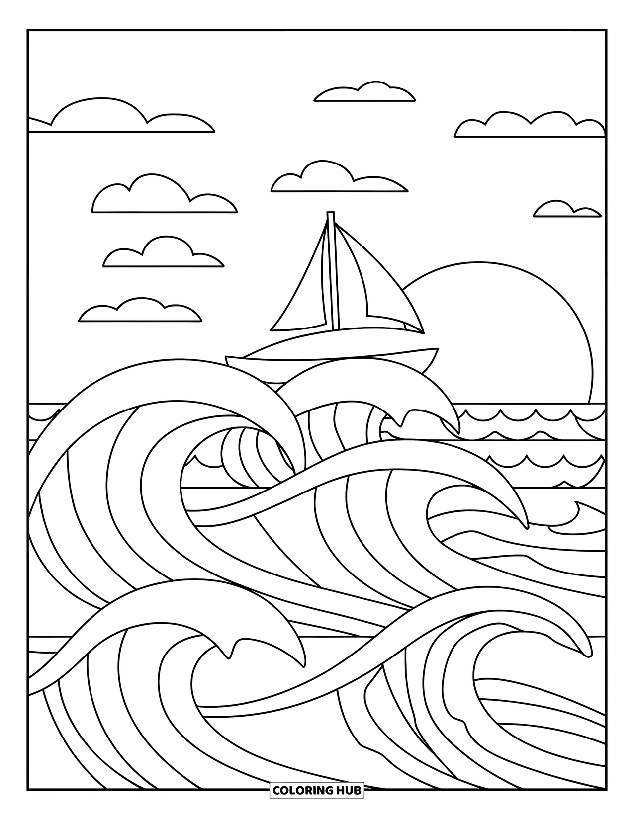 Waves Coloring Page for Kids: Waves carry a sailboat toward the sunset in this cozy ocean scene
