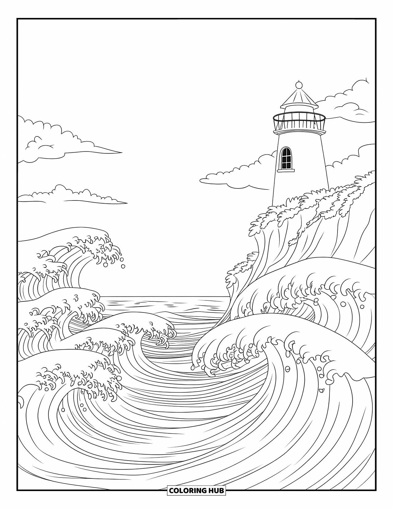 Waves Coloring Page for Kids: Waves crash below a round lighthouse perched on a cliff with greenery