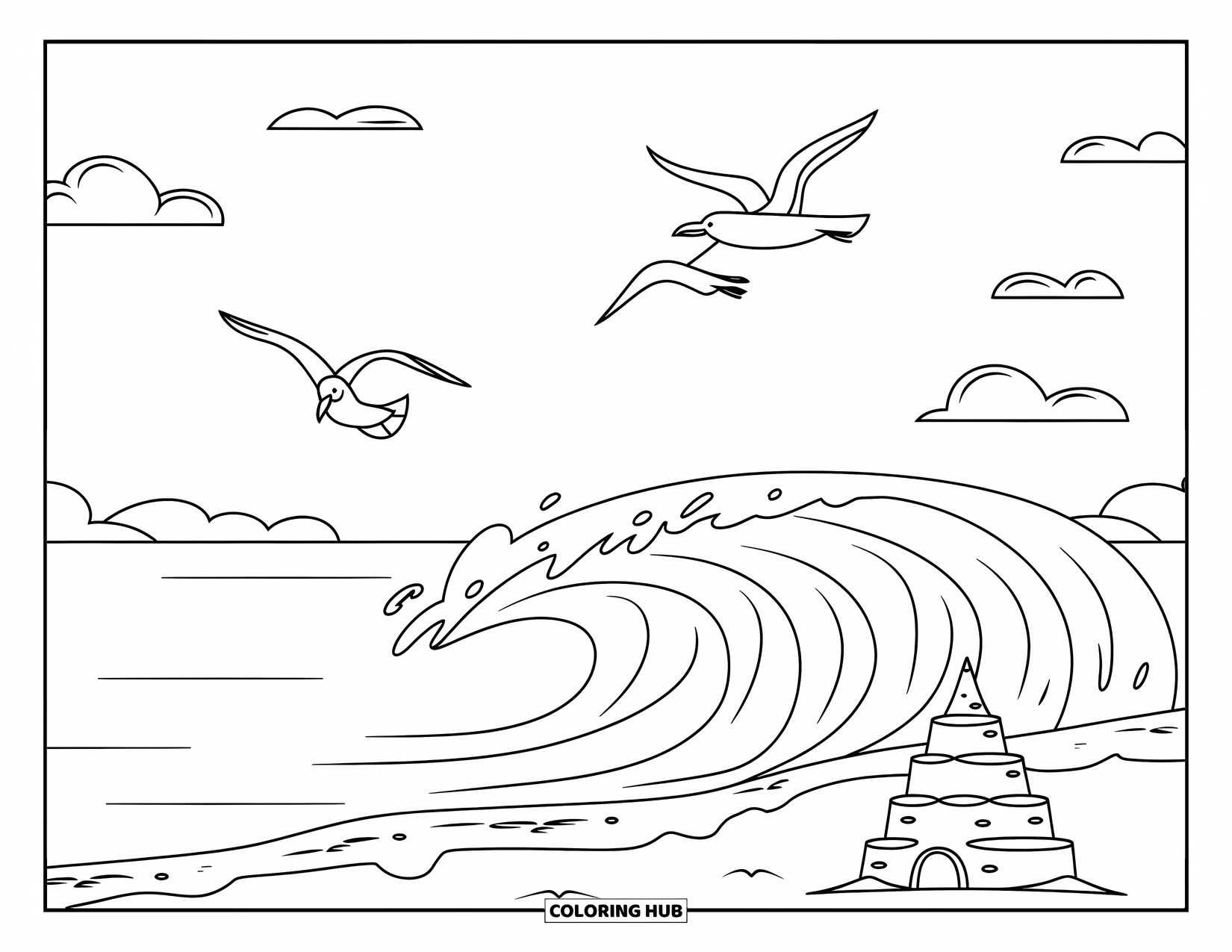 Waves Coloring Page for Kids: Waves gently splash near a sandcastle as seagulls fly overhead
