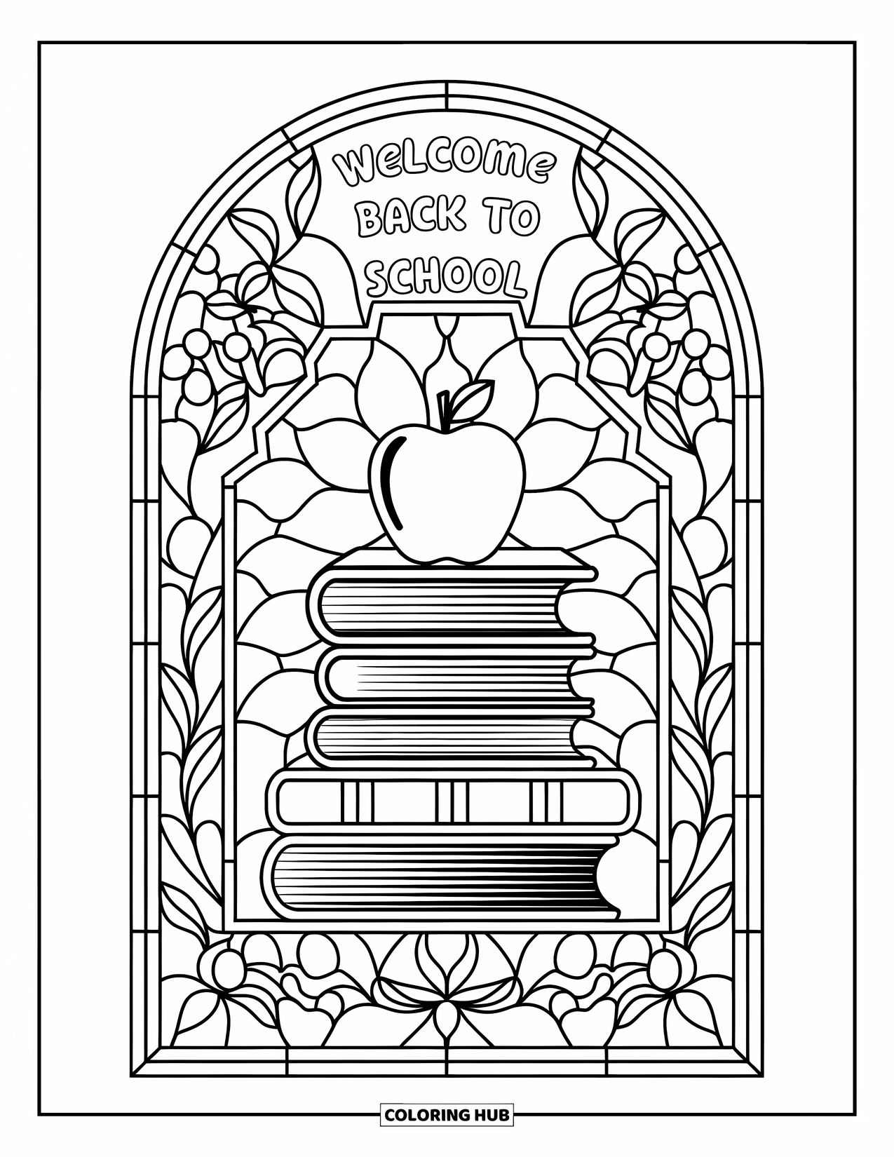 Welcome Back To School Coloring Page for Adults: Book stack with apple and floral stained glass frame above school text