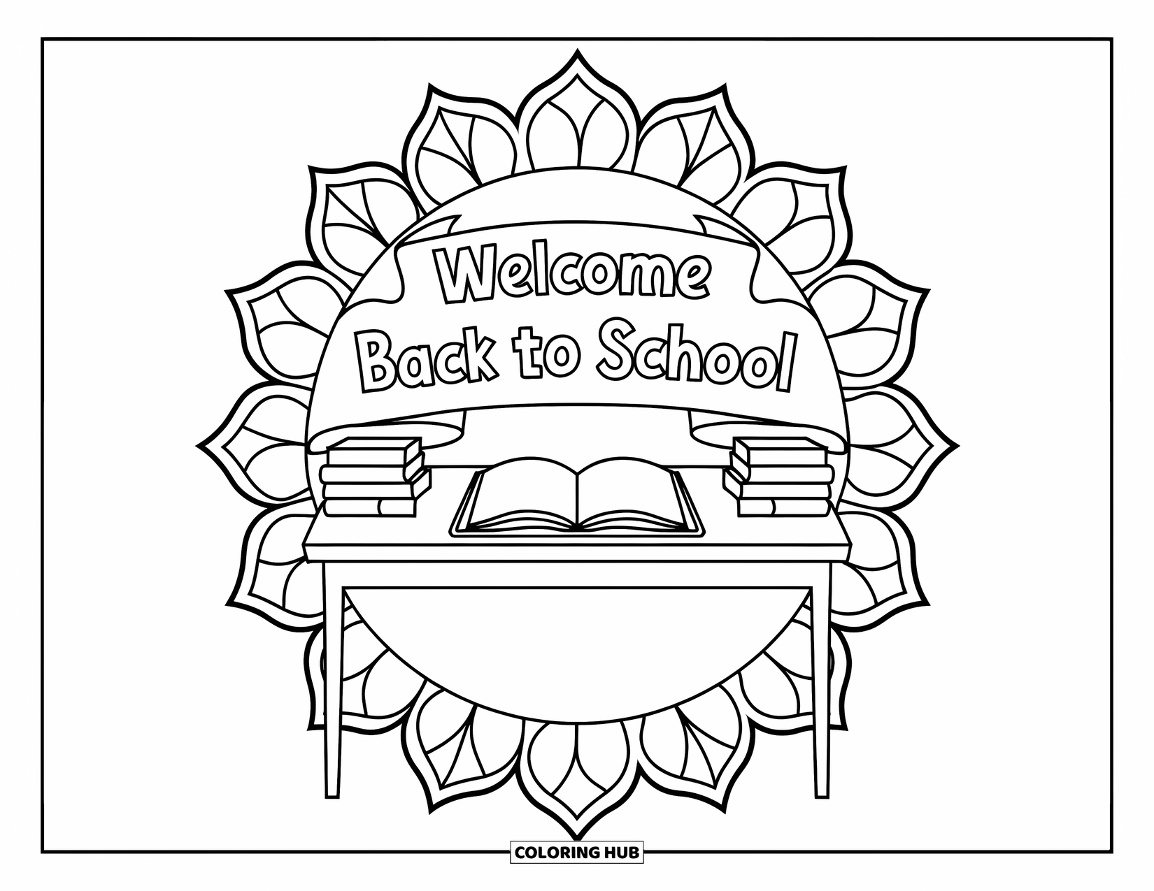Welcome Back To School Coloring Page for Adults: Books and planner on a desk with mandala leaves around it