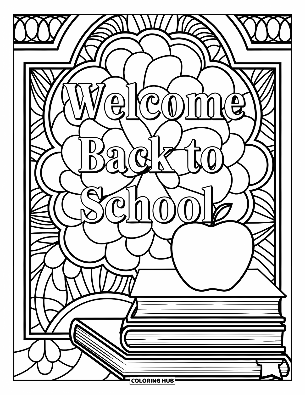 Welcome Back To School Coloring Page for Adults: Books with apple inside stained glass floral panel with school text