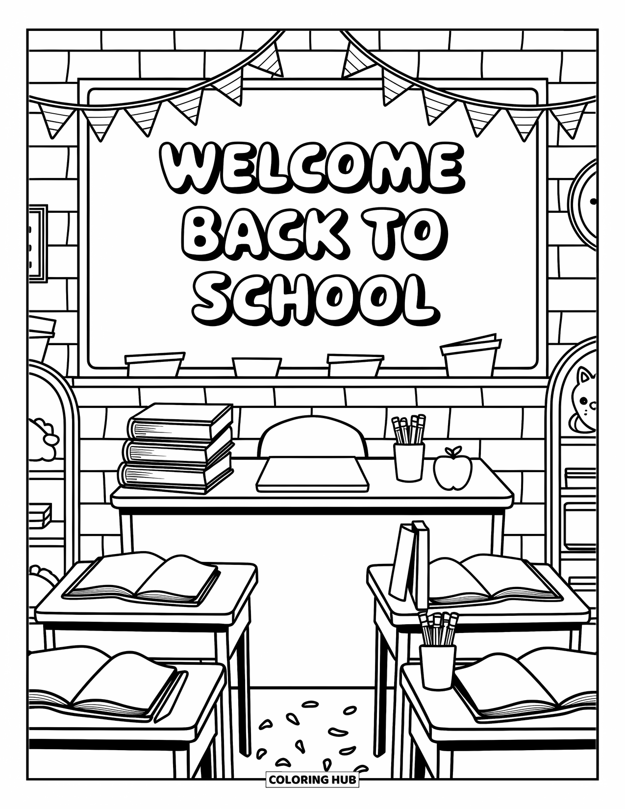 Welcome Back To School Coloring Page for Adults: Chalkboard and teacher's desk with "Welcome Back to School" message